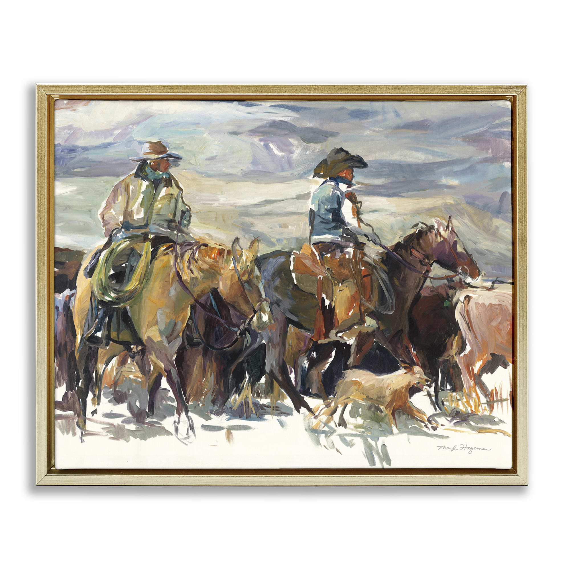 Stupell Industries The Roundup Western Painting Animals Painting Gold Floater Framed Canvas Art Print Wall Art, 31 x 25