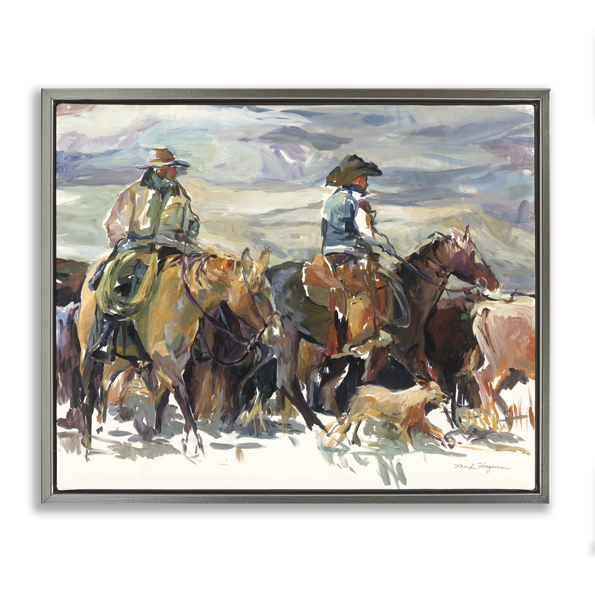 Stupell Industries The Roundup Western Painting Animals Painting Gray Floater Framed Canvas Art Print Wall Art, 21 x 17