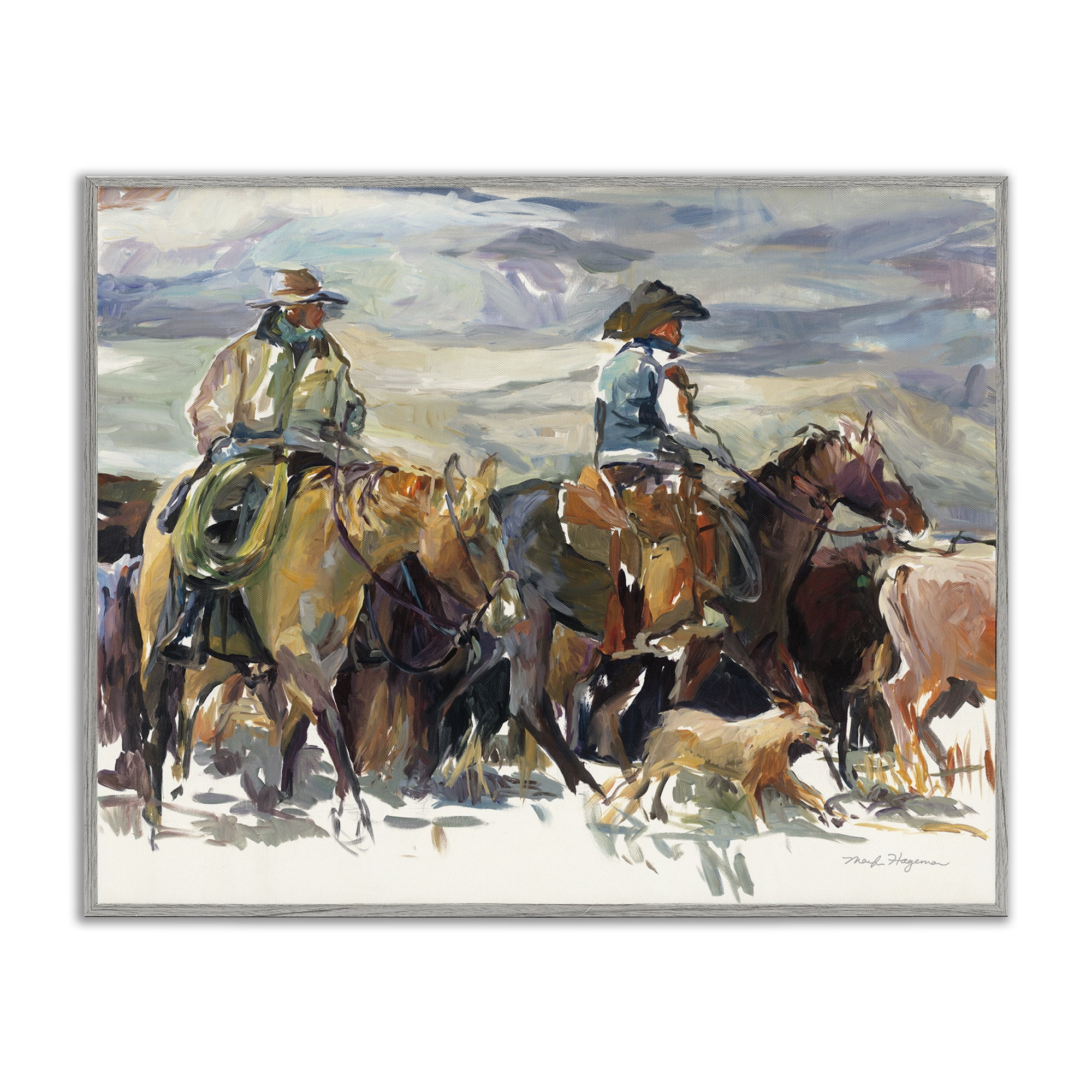 Stupell Industries The Roundup Western Painting Animals Painting Gray Framed Art Print Wall Art, 30 x 24