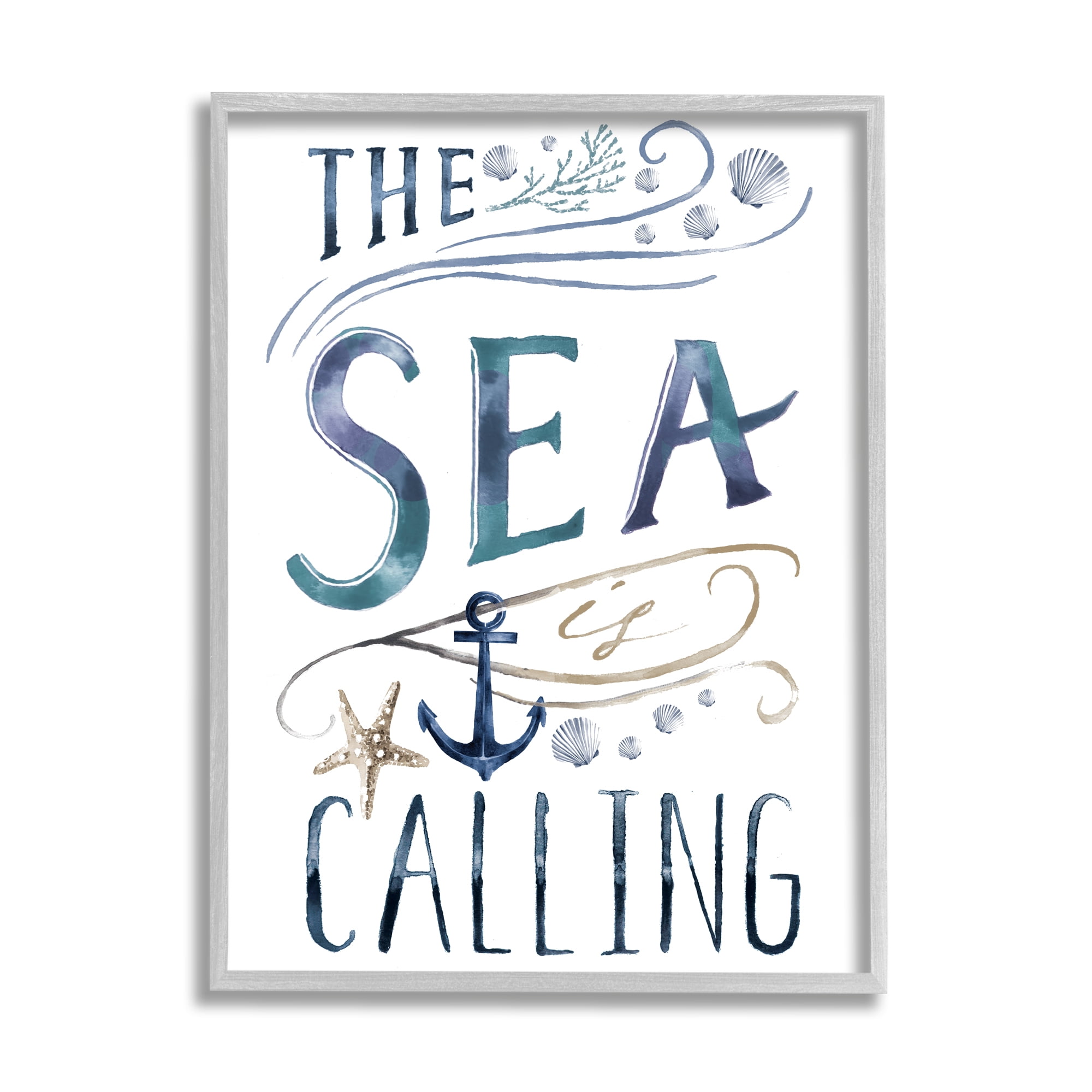 Stupell Industries The Sea is Calling Nautical Sentiment Navy Anchor Nature Painting Gray Framed Art Print Wall Art, 16 x 20