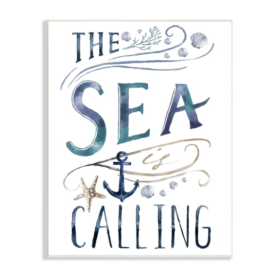 Stupell Industries The Sea is Calling Nautical Sentiment Navy Anchor Nature Painting Unframed Art Print Wall Art, 10 x 15