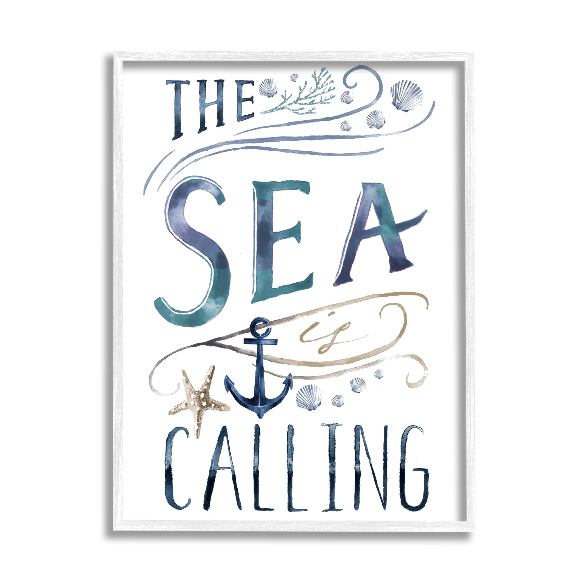 Stupell Industries The Sea is Calling Nautical Sentiment Navy Anchor Nature Painting White Framed Art Print Wall Art, 11 x 14