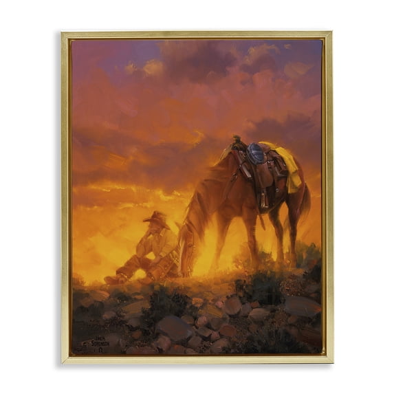 Stupell Industries The Thinker Western Cowboy People Painting Gold Floater Framed Canvas Art Print Wall Art, 17 x 21