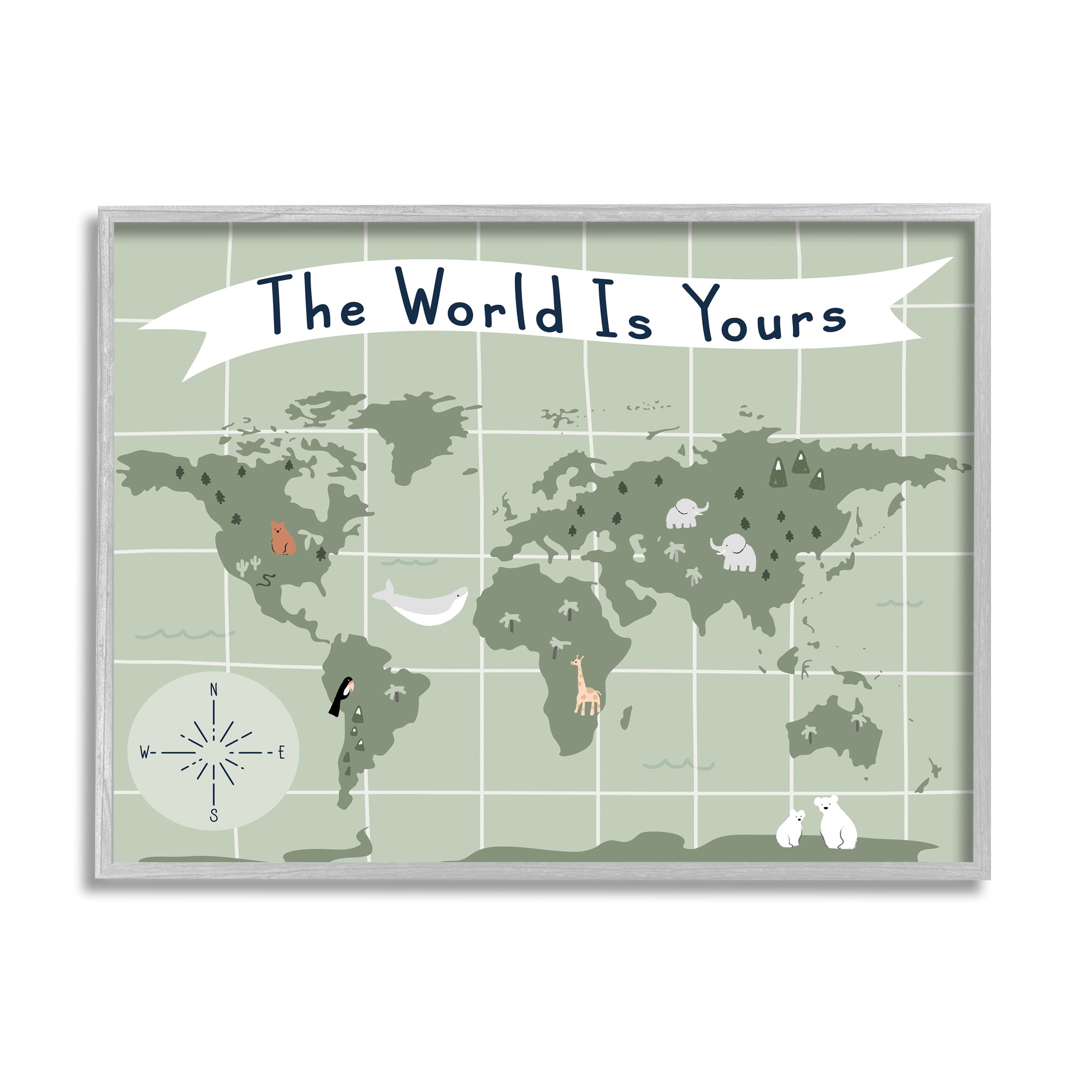 Stupell Industries The World Is Yours Phrase Kid's Green World Map, 11 x 14, Designed by Daphne Polselli