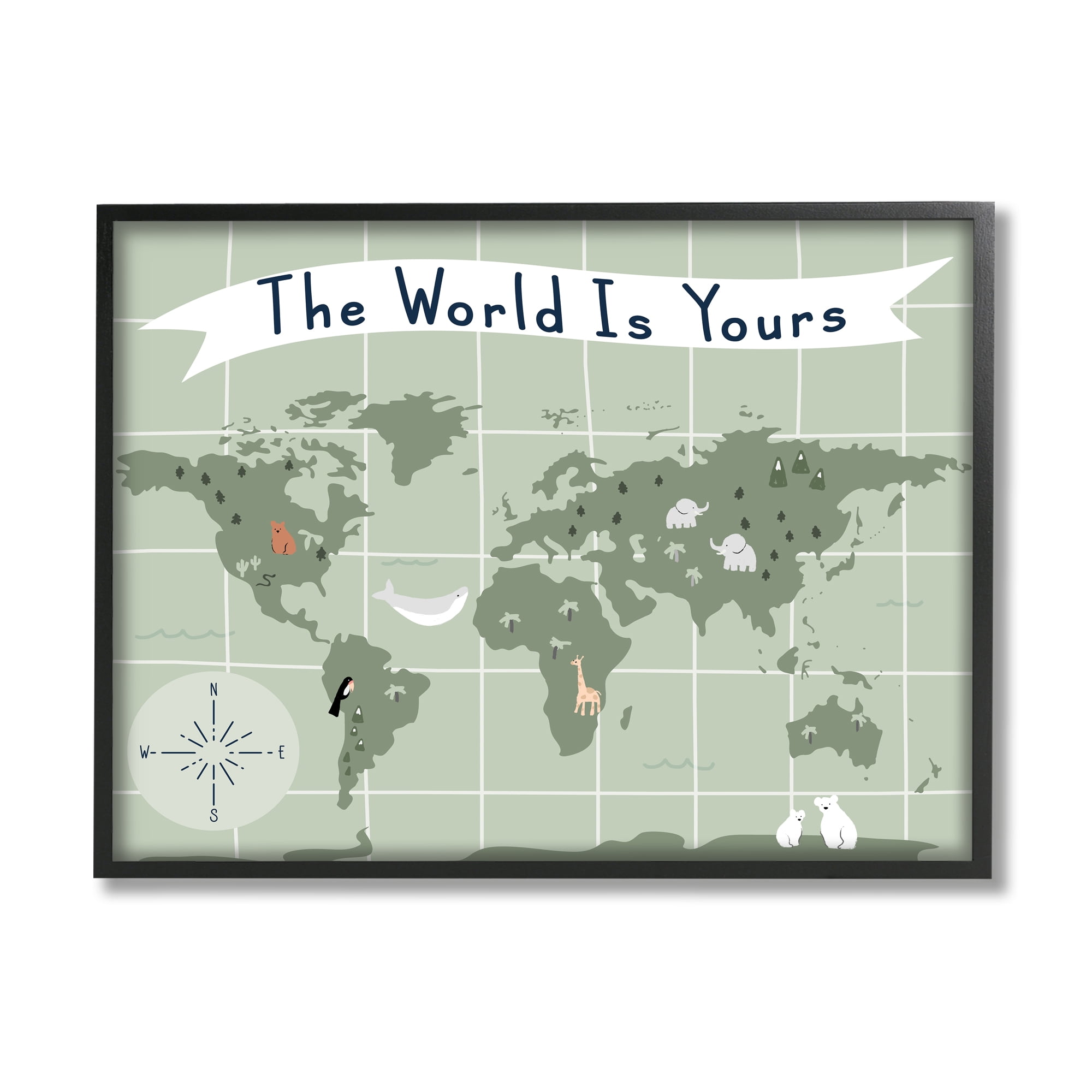 Stupell Industries The World Is Yours Phrase Kid's Green World Map, 11 x 14, Designed by Daphne Polselli