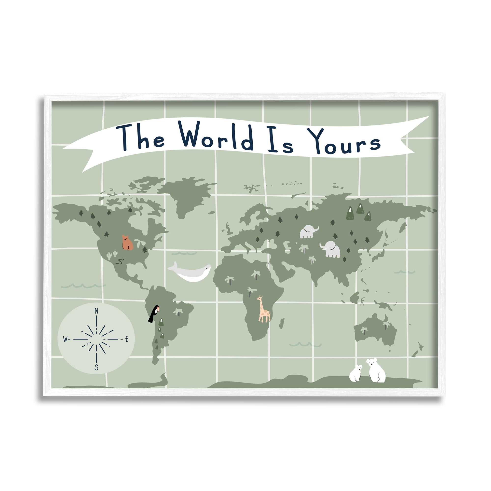 Stupell Industries The World Is Yours Phrase Kid's Green World Map, 16 x 20, Designed by Daphne Polselli