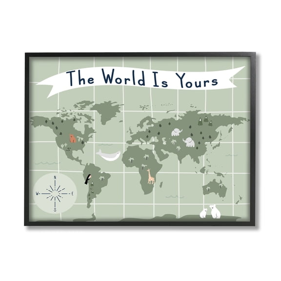 Stupell Industries The World Is Yours Phrase Kid's Green World Map, 16 x 20, Designed by Daphne Polselli
