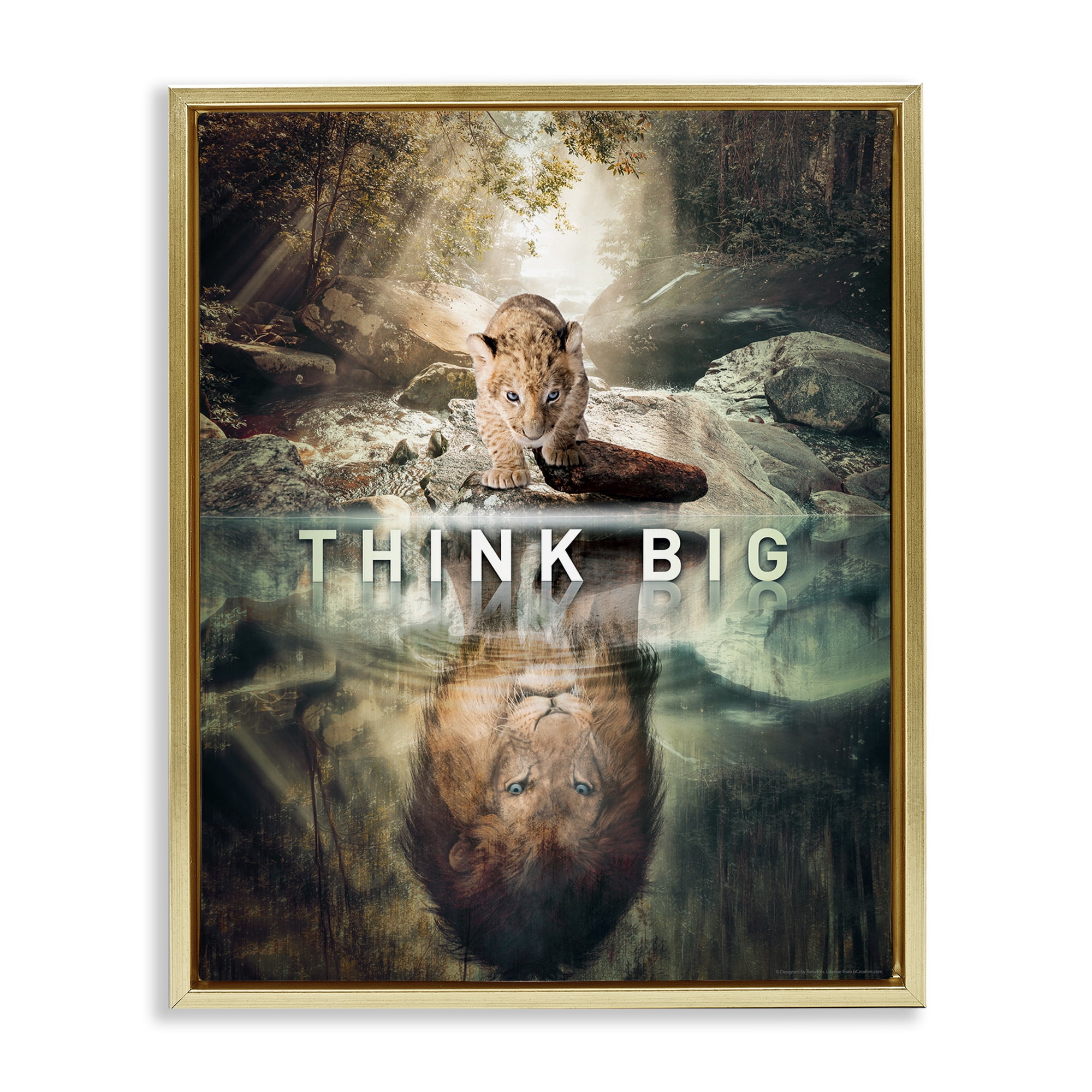 Stupell Industries Think Big Lion & Cub Animals Painting Gold Floater Framed Canvas Art Print Wall Art, 25 x 31