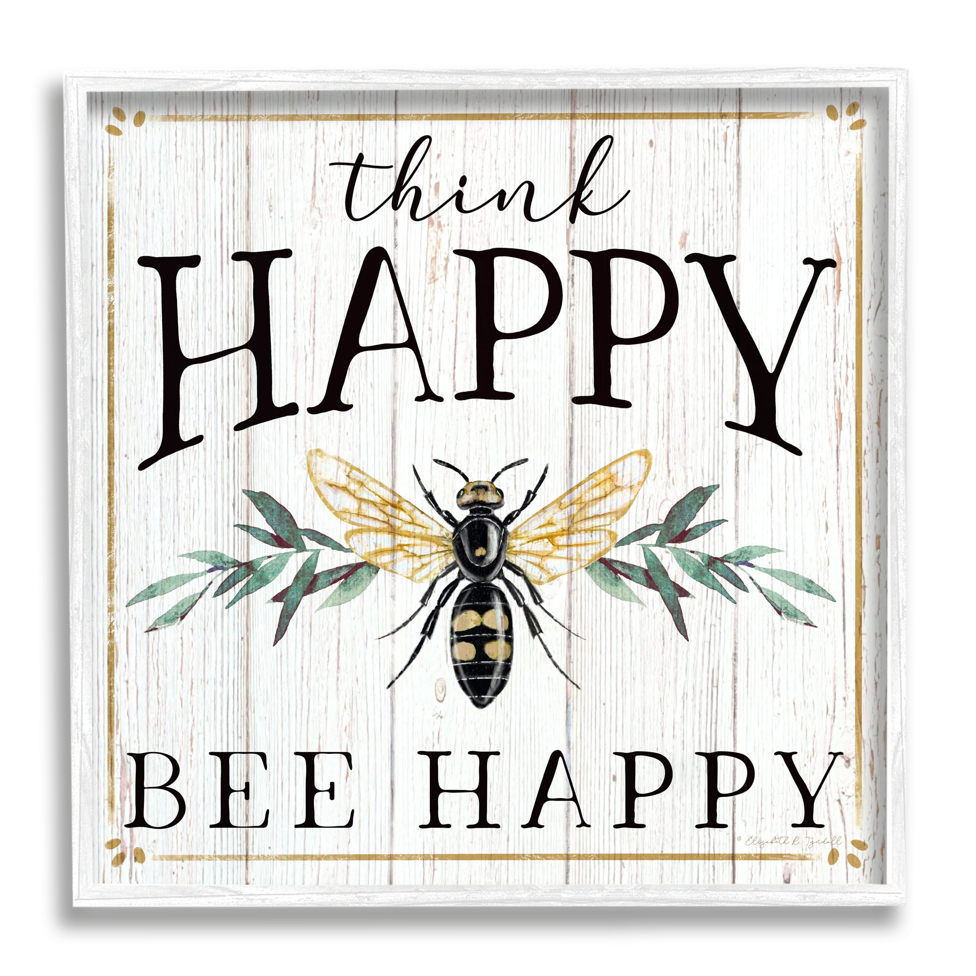 Stupell Industries Think Happy Bee Happy Phrase Insect Pun, 12 x 12, Design by Elizabeth Tyndall