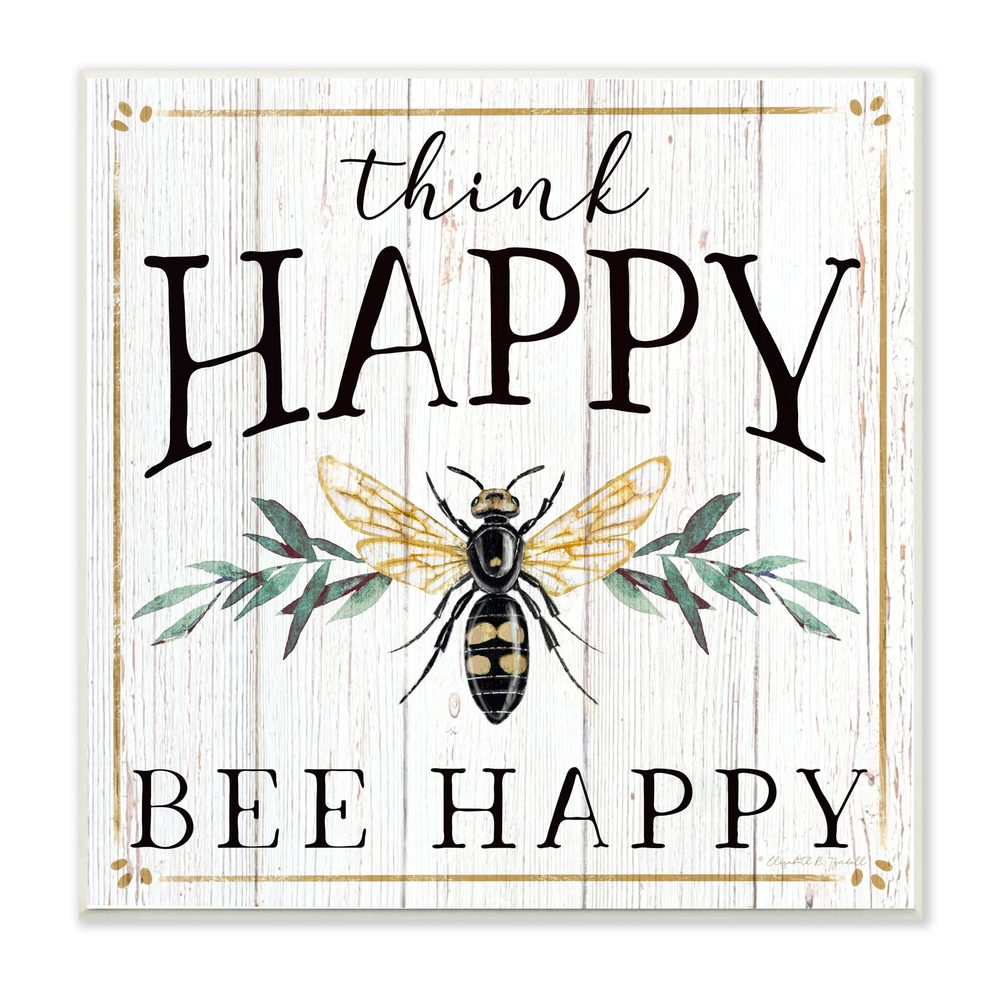Stupell Industries Think Happy Bee Happy Phrase Insect Pun, 12 x 12, Design by Elizabeth Tyndall