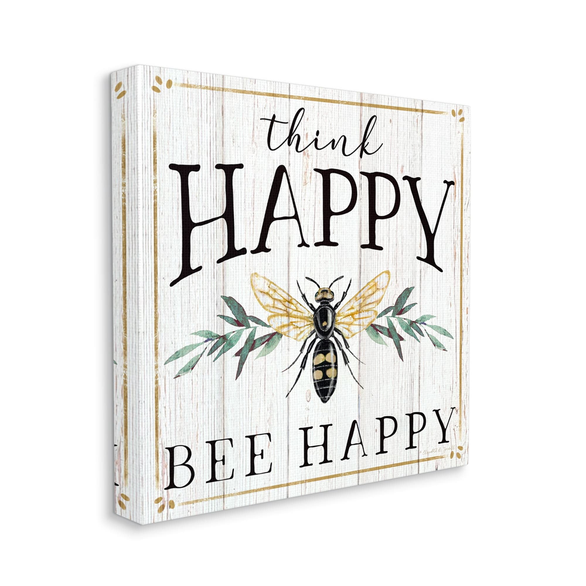 Stupell Industries Think Happy Bee Happy Phrase Insect Pun Inspirational Painting Gallery Wrapped Canvas Print Wall Art, 30 x 30