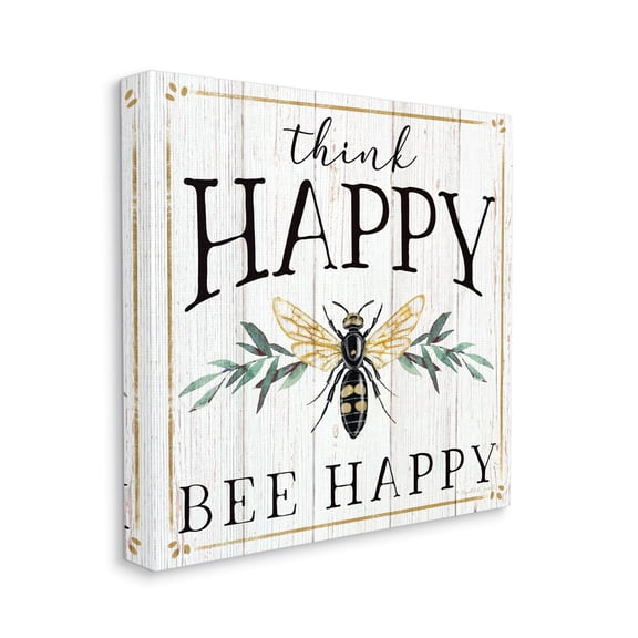 Stupell Industries Think Happy Bee Happy Phrase Insect Pun Inspirational Painting Gallery Wrapped Canvas Print Wall Art, 36 x 36