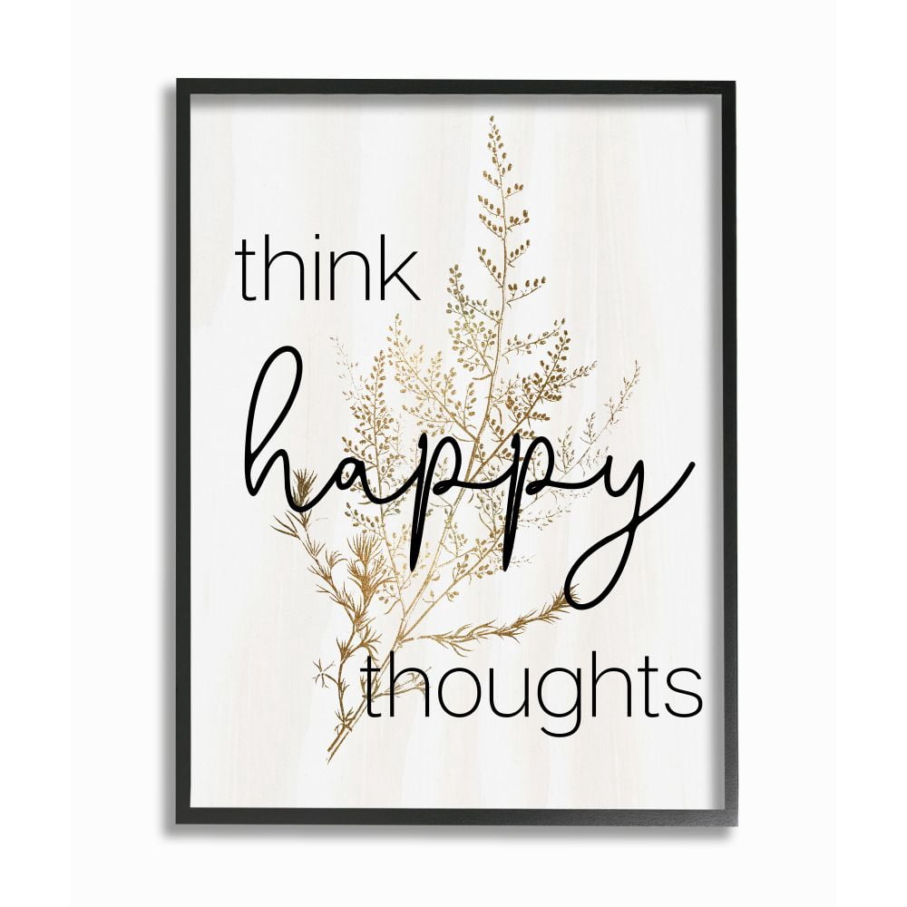 Stupell Industries Think Happy Thoughts Quote Minimal Thistle Design Framed Wall Art Design by Daphne Polselli, 11" x 14", Black Framed