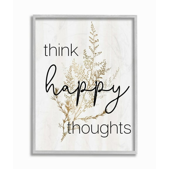 Stupell Industries Think Happy Thoughts Quote Minimal Thistle Design Framed Wall Art Design by Daphne Polselli, 16" x 20", Gray Framed