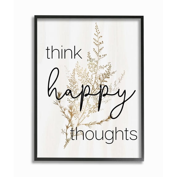 Stupell Industries Think Happy Thoughts Quote Minimal Thistle Design Framed Wall Art Design by Daphne Polselli, 24" x 30", Black Framed