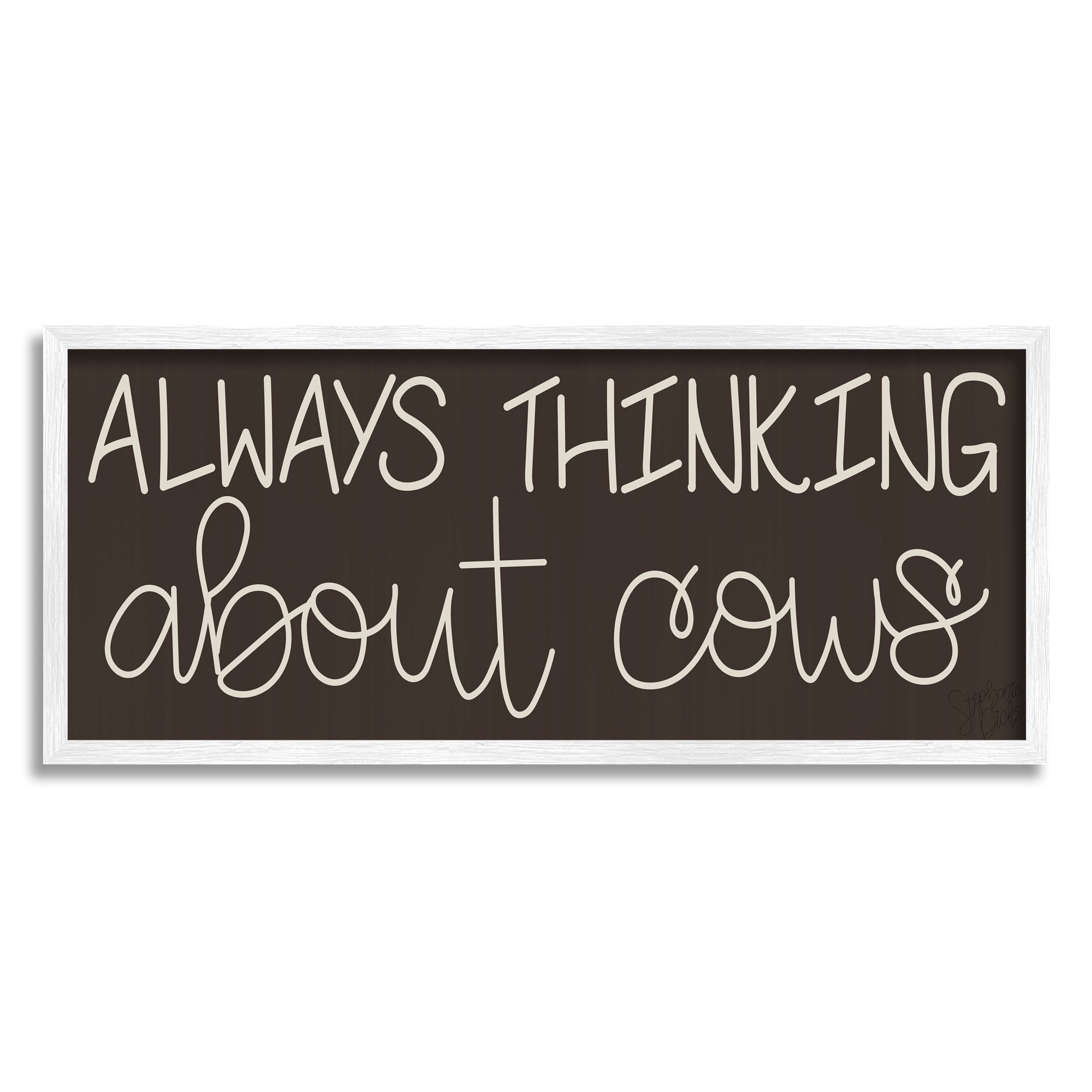 Stupell Industries Thinking About Cows Always Phrase Farm Animal Landscape Painting White Framed Art Print Wall Art, 10 x 24