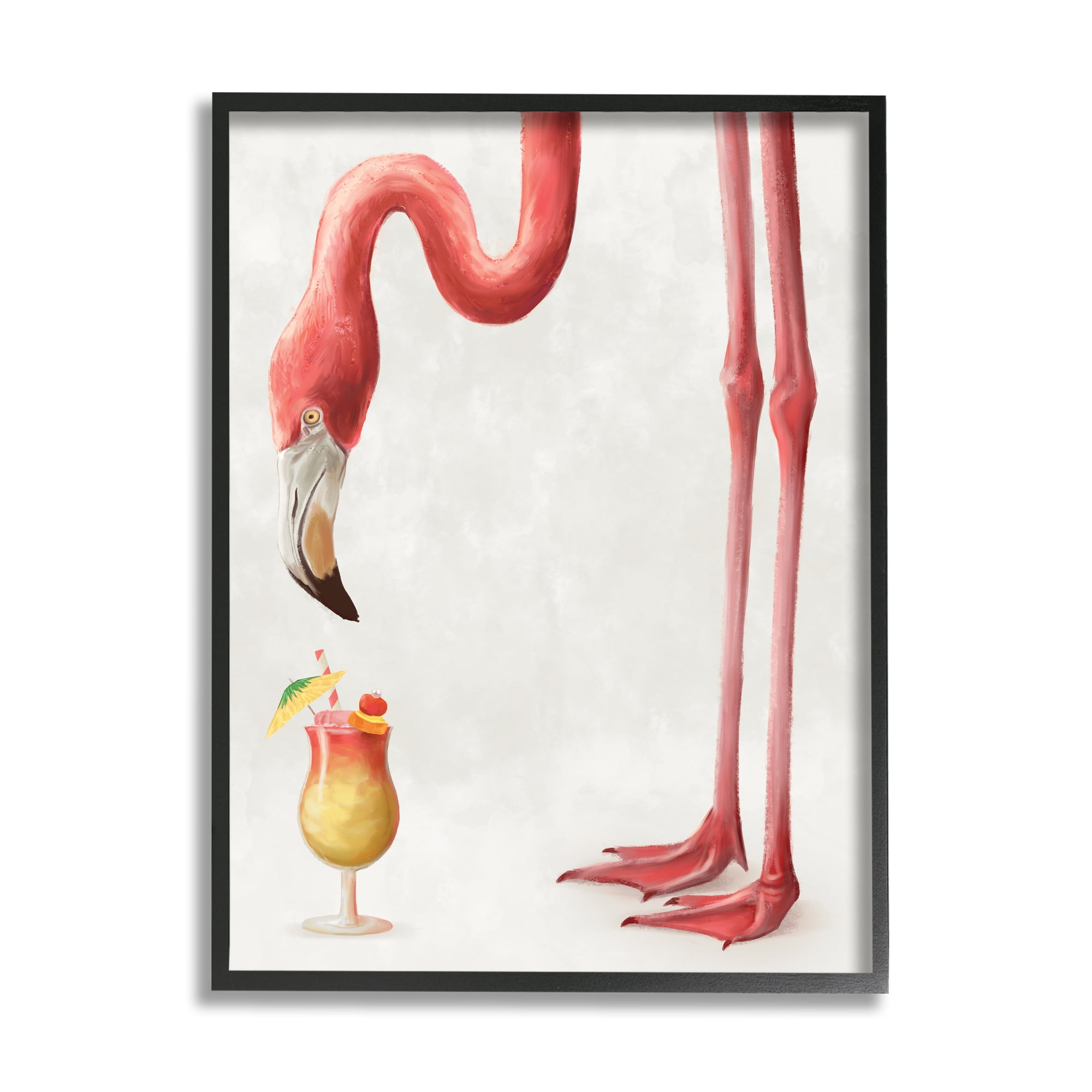 Stupell Industries Thirsty Pink Flamingo Mai Tai Tropical Cocktail Animals & Insects Painting Black Framed Art Print Wall Art, 24 x 30