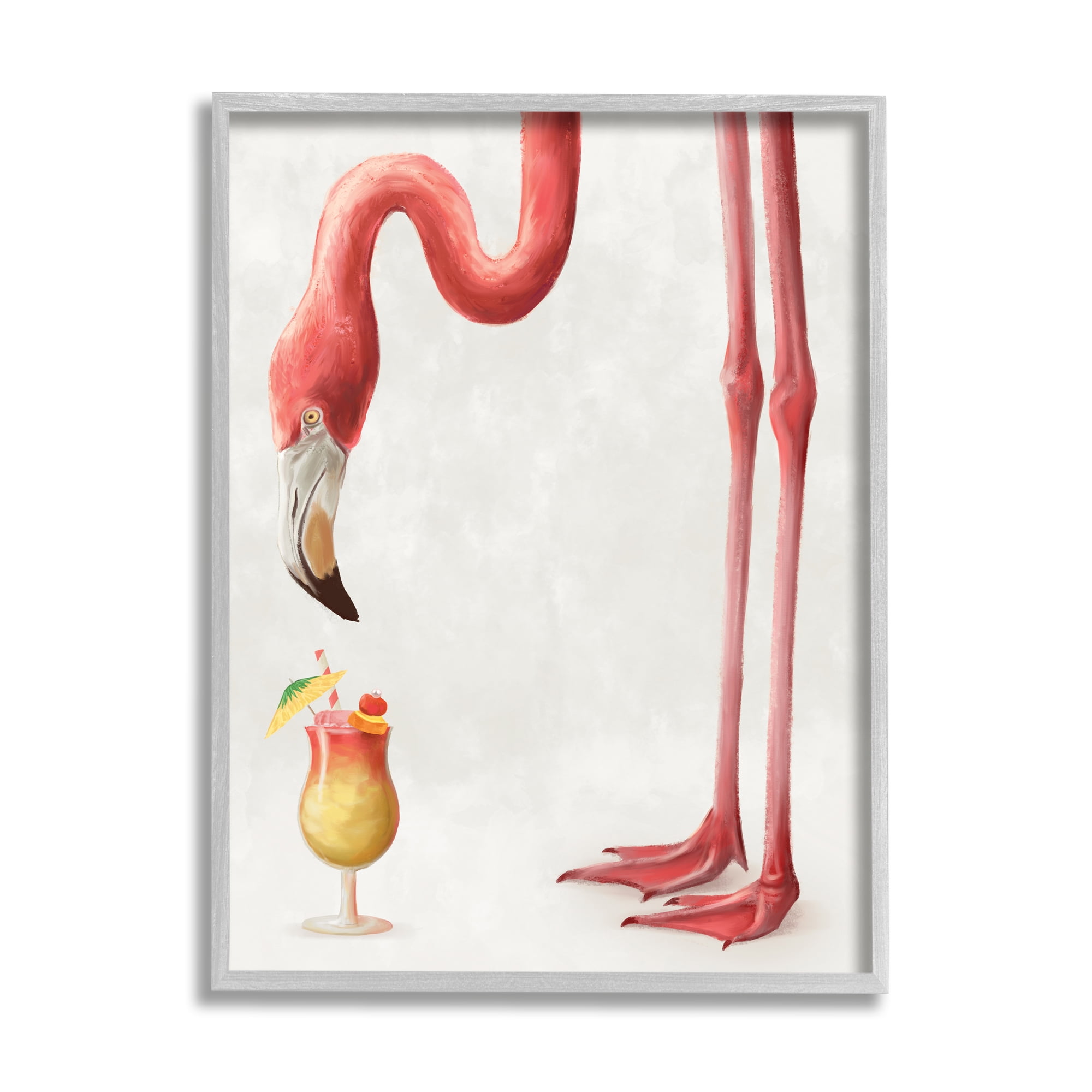 Stupell Industries Thirsty Pink Flamingo Mai Tai Tropical Cocktail Animals & Insects Painting Gray Framed Art Print Wall Art, 11 x 14