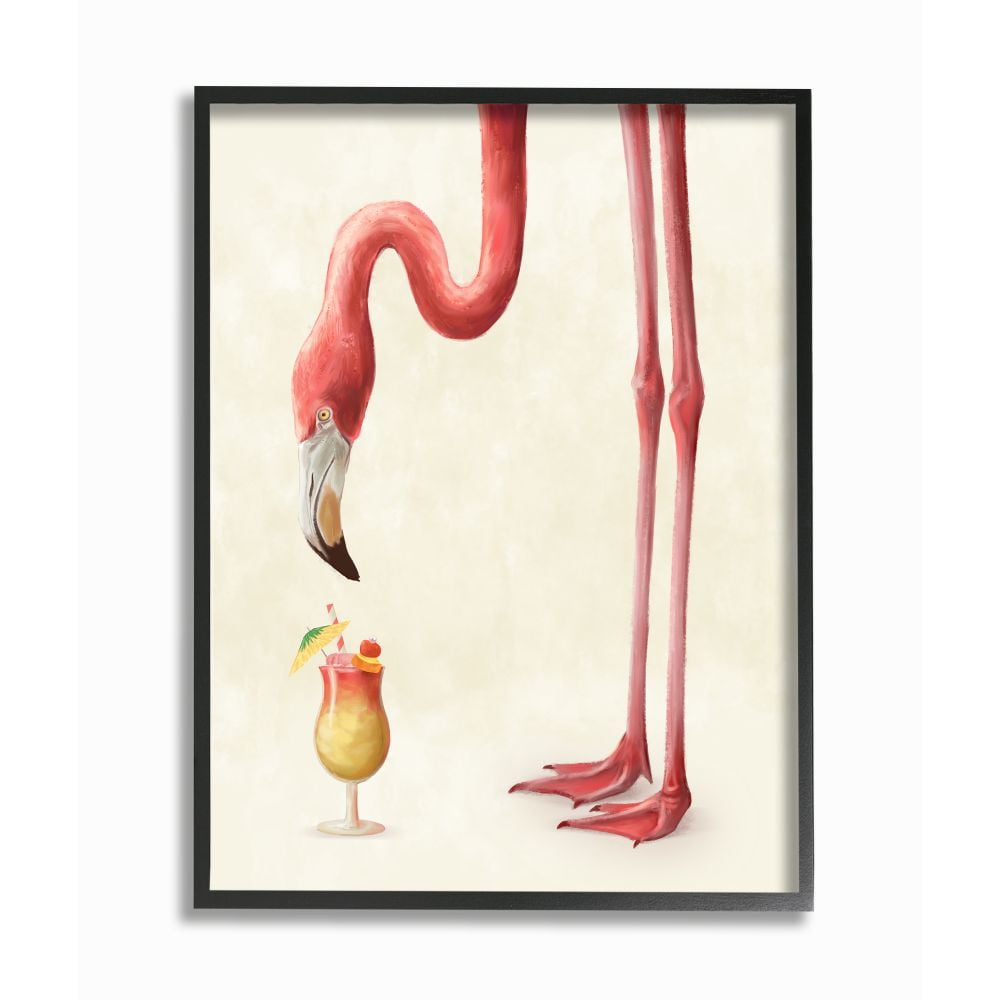 Thirsty Pink Flamingo Humor Print on Canvas with Black Frame