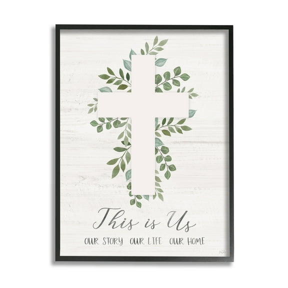 Stupell Industries This Is Us Botanical Cross Symbol Religious Painting Black Framed Art Print Wall Art