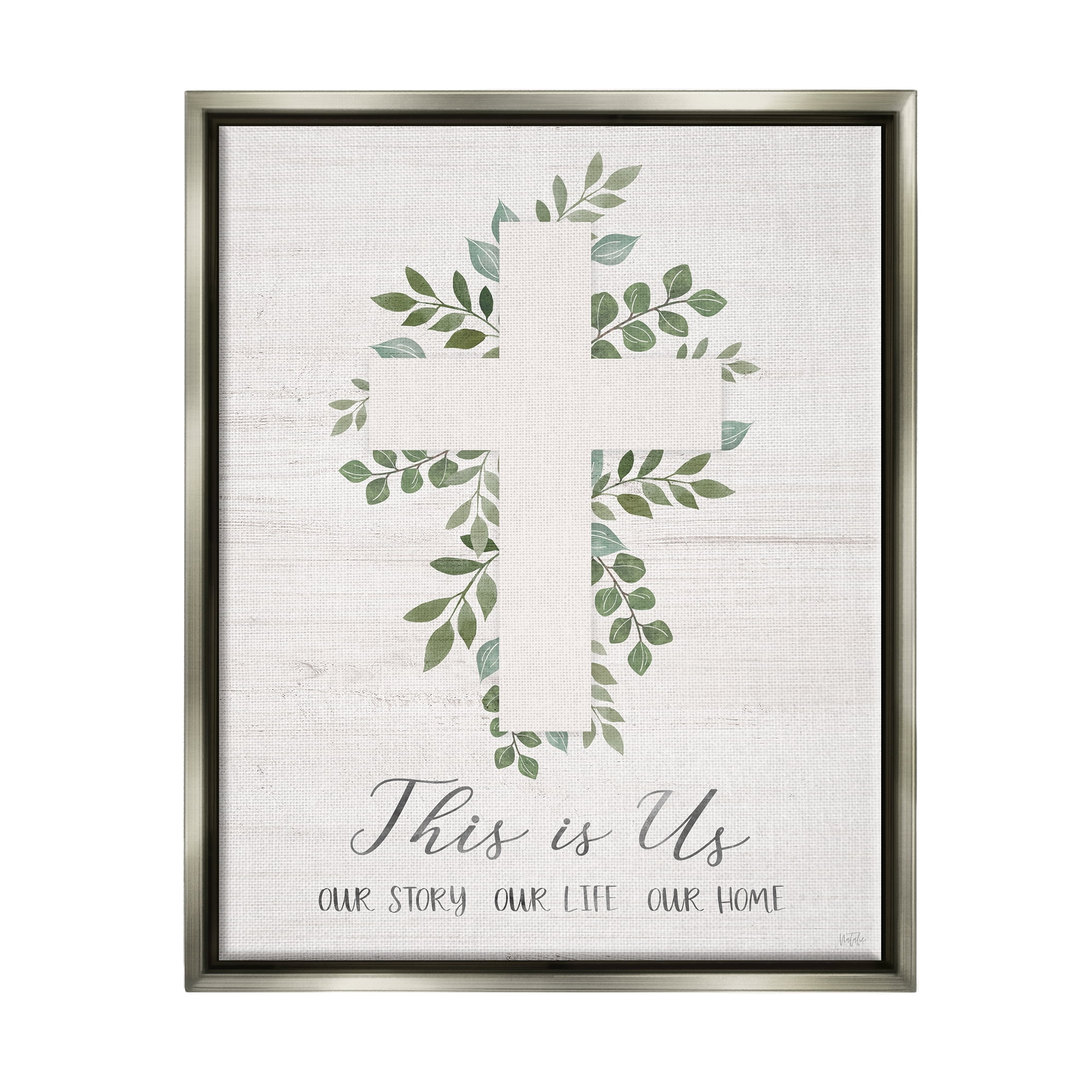 Stupell Industries This Is Us Botanical Cross Symbol Religious Painting Gray Floater Framed Art Print Wall Art