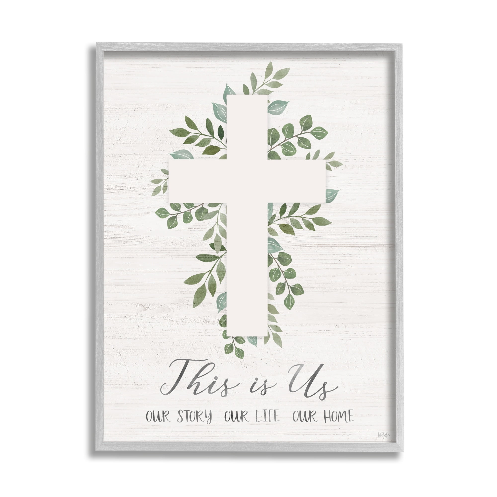 Stupell Industries This Is Us Botanical Cross Symbol Religious Painting Gray Framed Art Print Wall Art