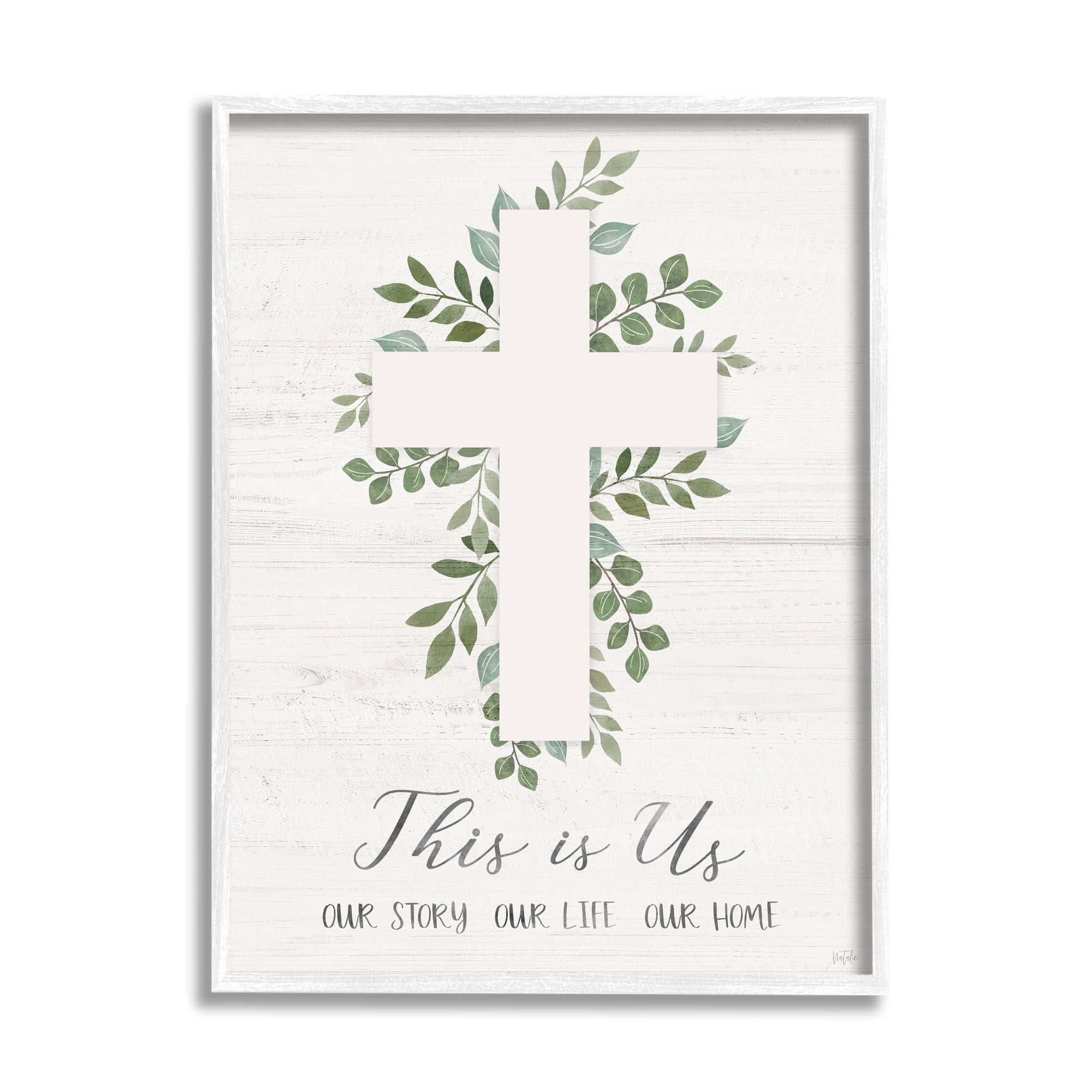 Stupell Industries This Is Us Botanical Cross Symbol Religious Painting White Framed Art Print Wall Art