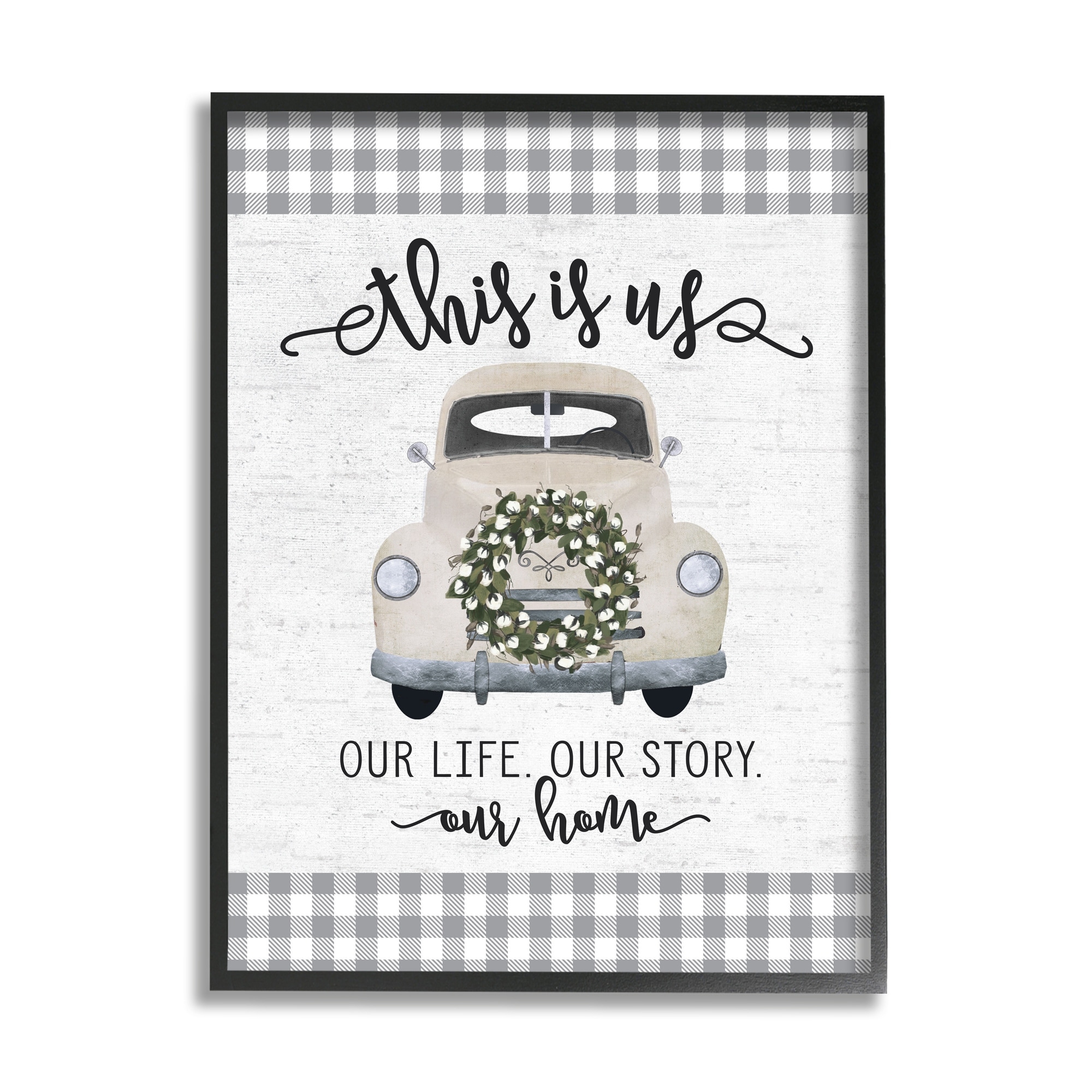 Stupell Industries This Is Us Home Phrase Farmhouse Truck Plaid Graphic Art Black Framed Art Print Wall Art, 24x30, by Letter and Lined