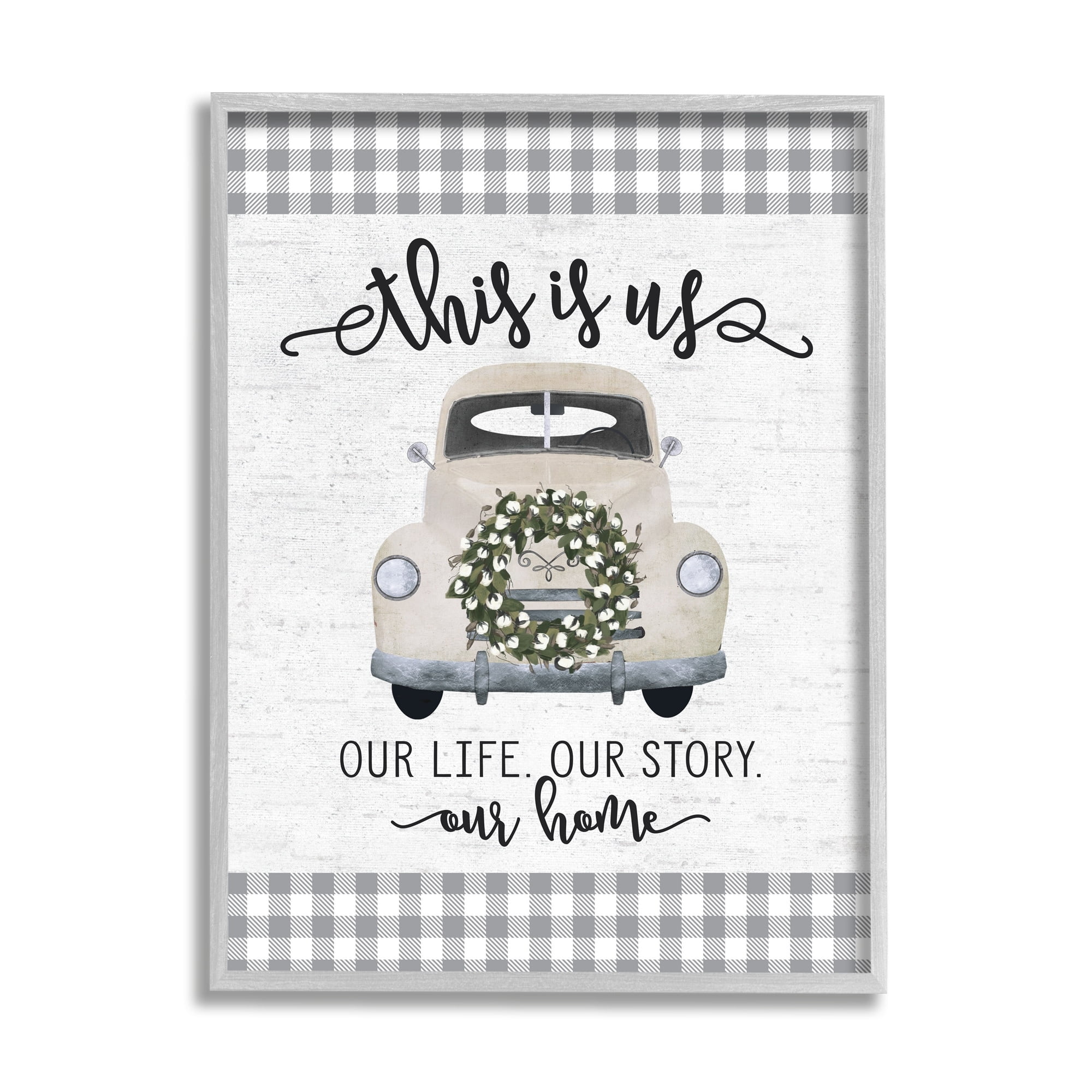 Stupell Industries This Is Us Home Phrase Farmhouse Truck Plaid Graphic Art Gray Framed Art Print Wall Art, 11x14, by Letter and Lined