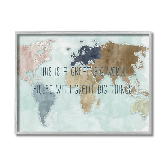 Stupell Industries This is a Great Big World Phrase Map of Continents Grey Framed, 16 x 20, Design by Ziwei Li