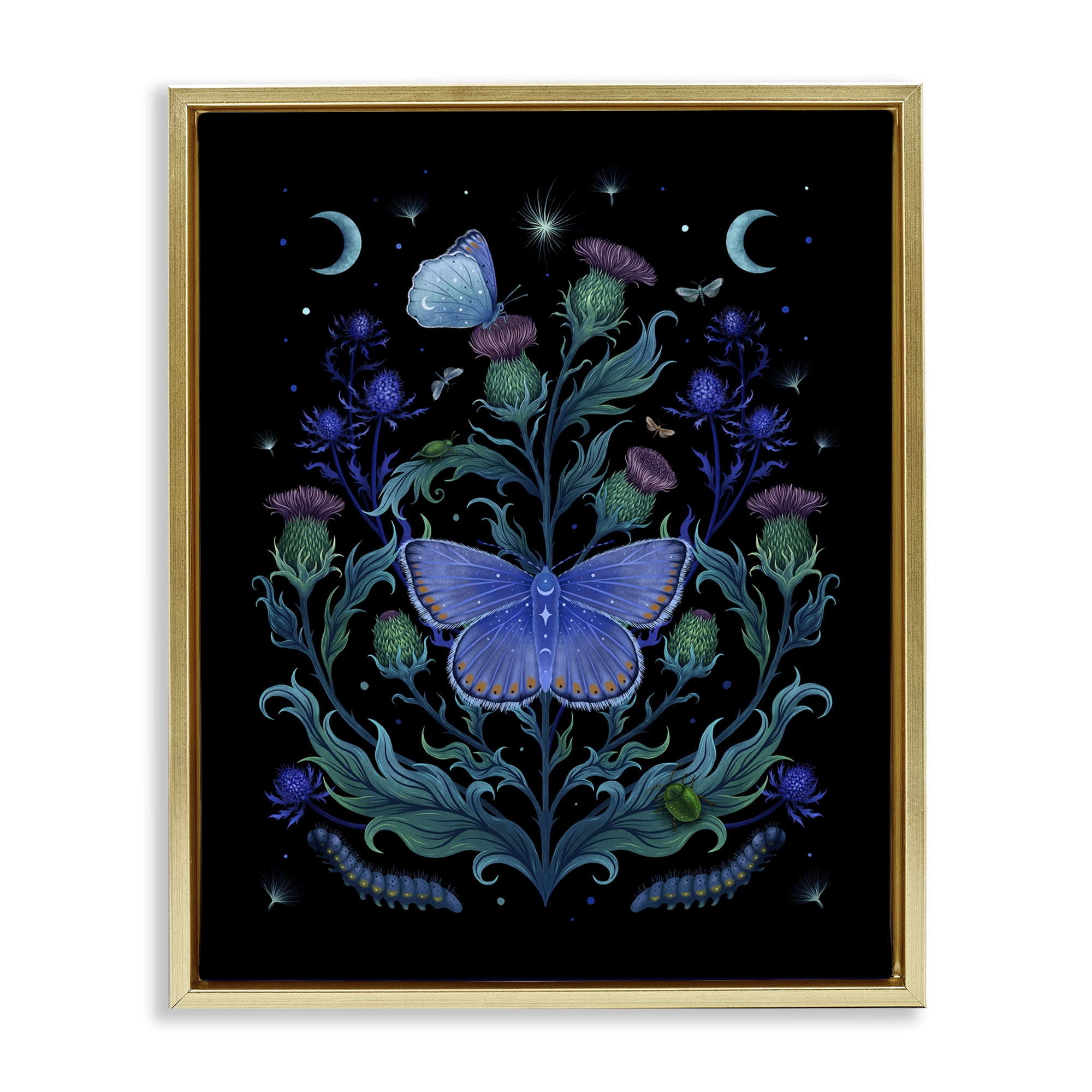 Stupell Industries Thistles & Insects at Night Gold Framed Floater Canvas Wall Art, design by Episodic Drawings