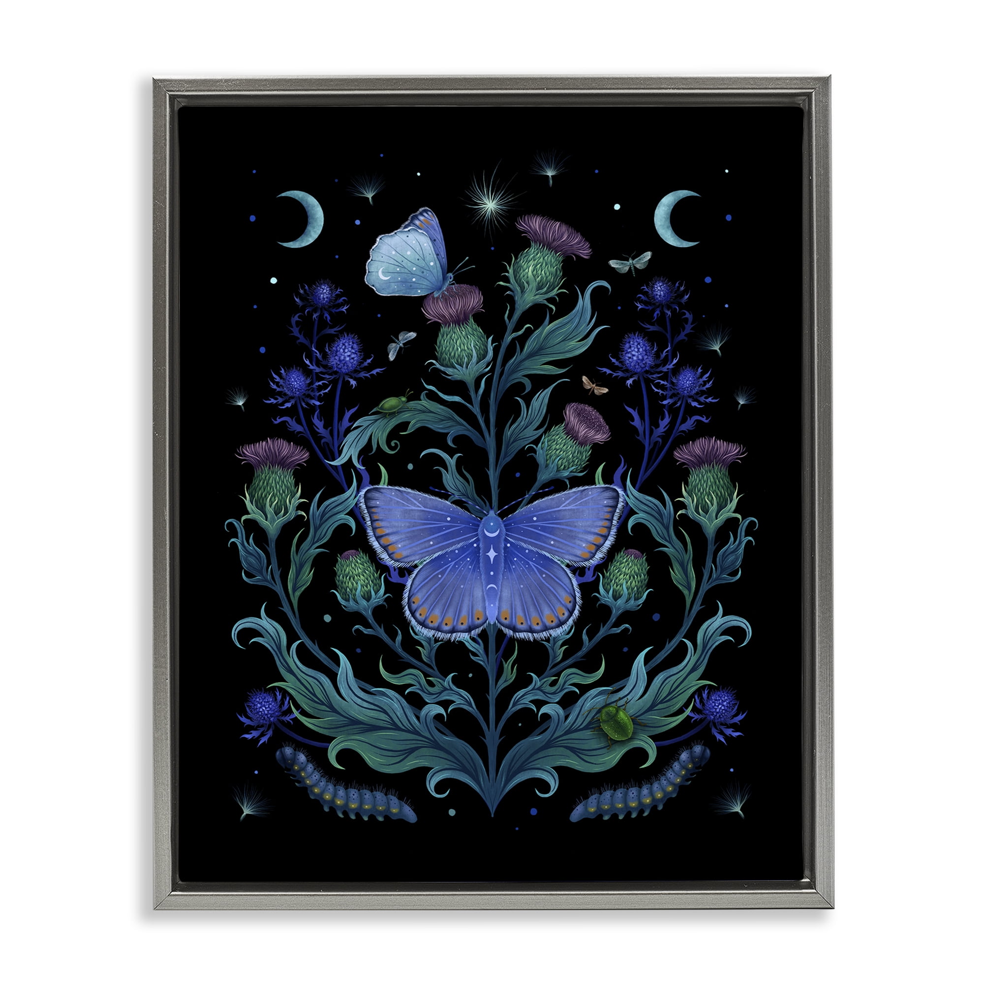 Stupell Industries Thistles & Insects at Night Gray Framed Floater Canvas Wall Art, design by Episodic Drawings