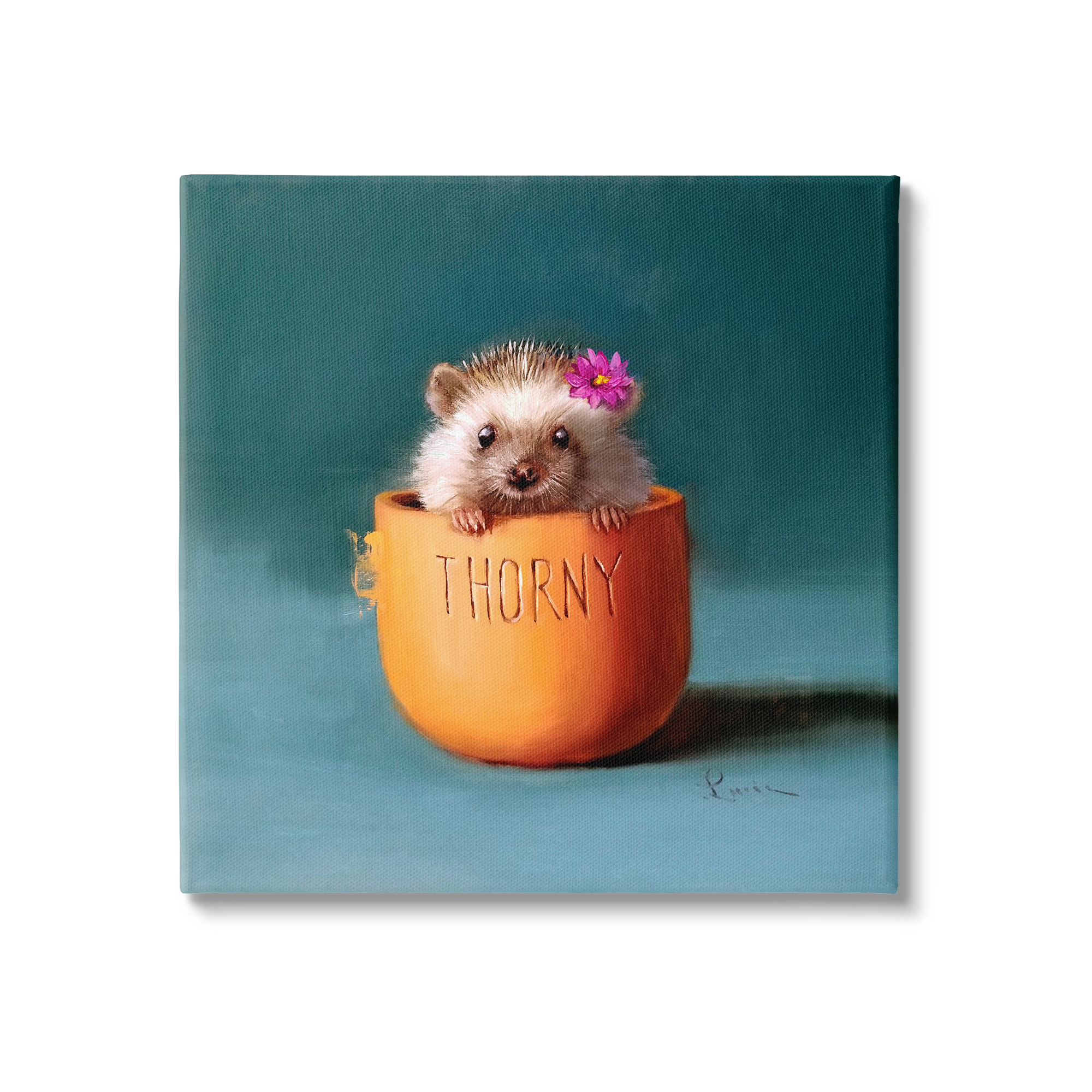 Stupell Industries Thorny Hedgehog Peeking Pink Daisy Flower Accent Painting Gallery Wrapped Canvas Print Wall Art, Design by Lucia Heffernan