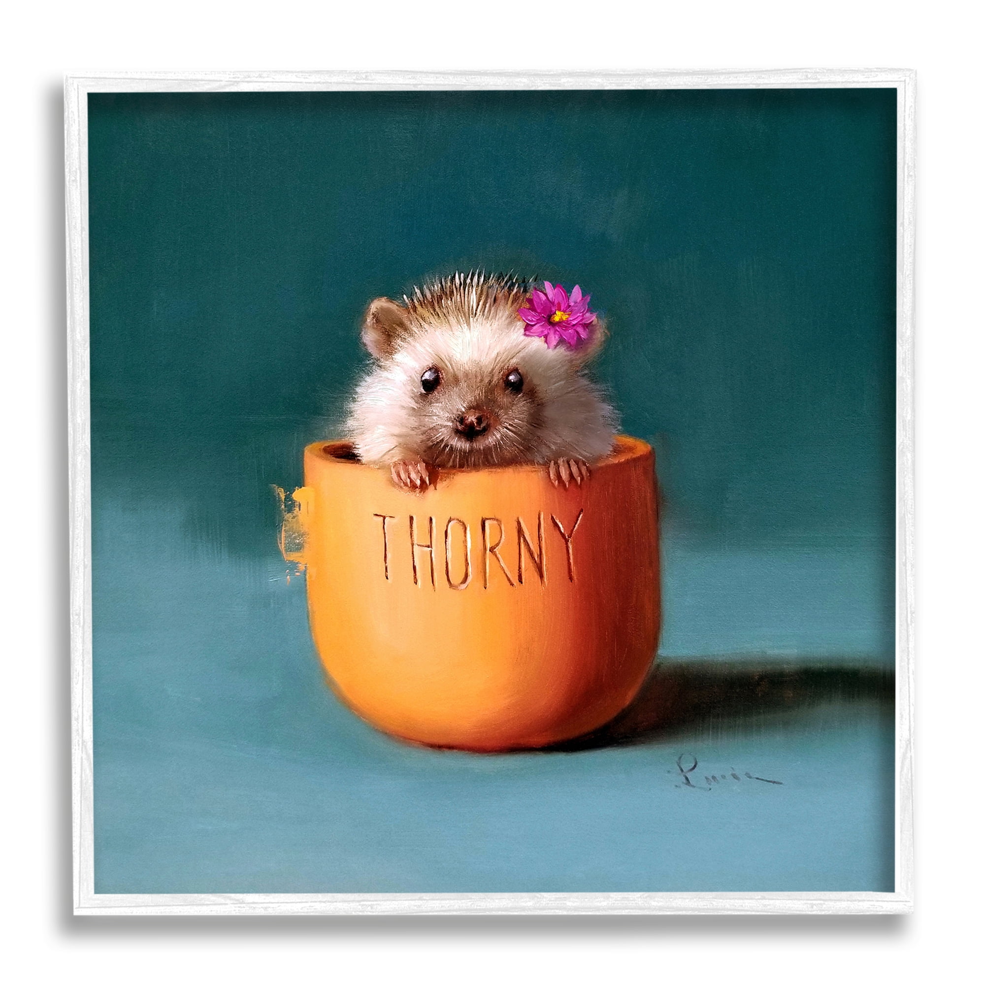 Stupell Industries Thorny Hedgehog Peeking Pink Daisy Flower Accent Painting White Framed Art Print Wall Art, Design by Lucia Heffernan
