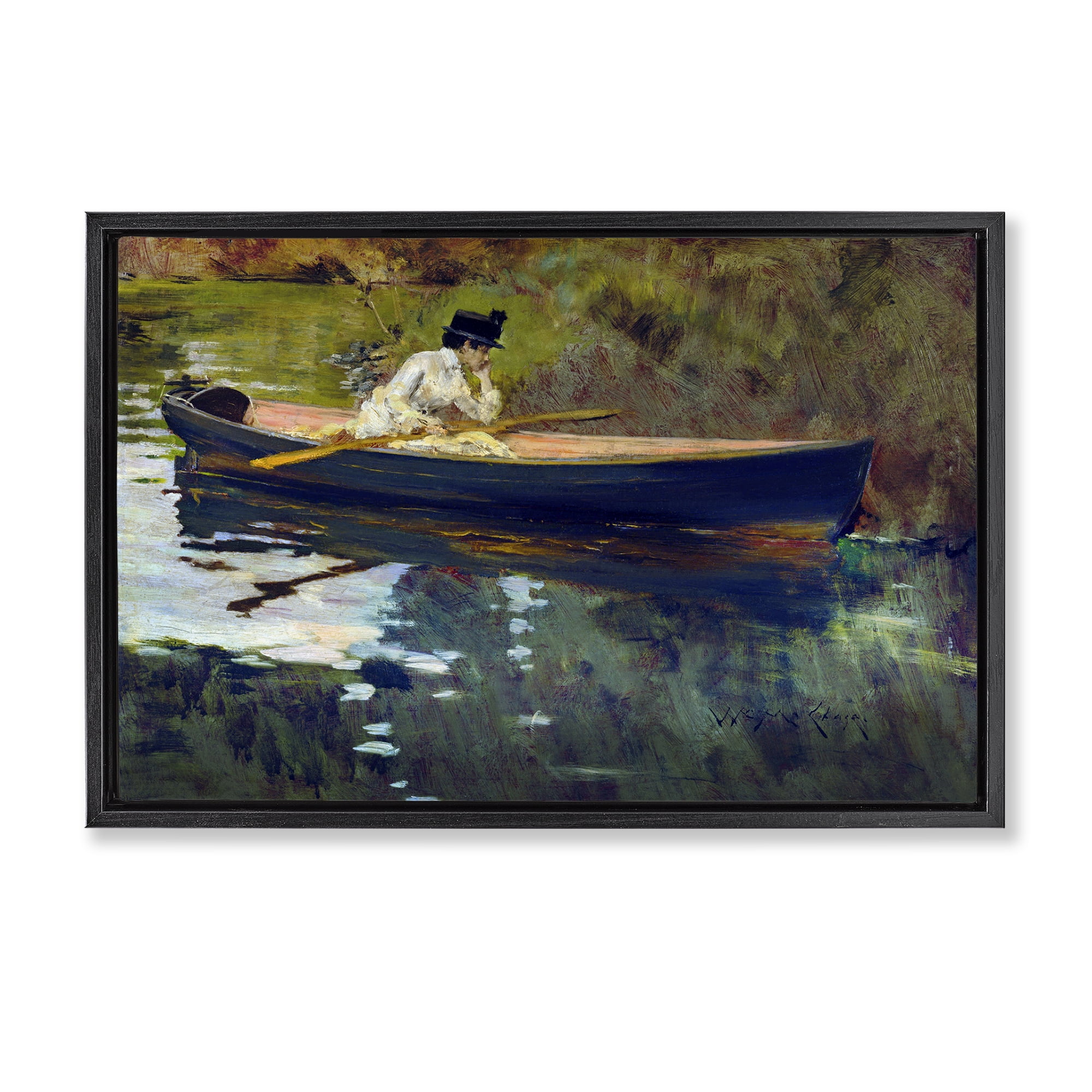 Stupell Industries Thoughtful Woman on Canoe Novelty Painting Black Floater Framed Art Print Wall Art, 25 x 17