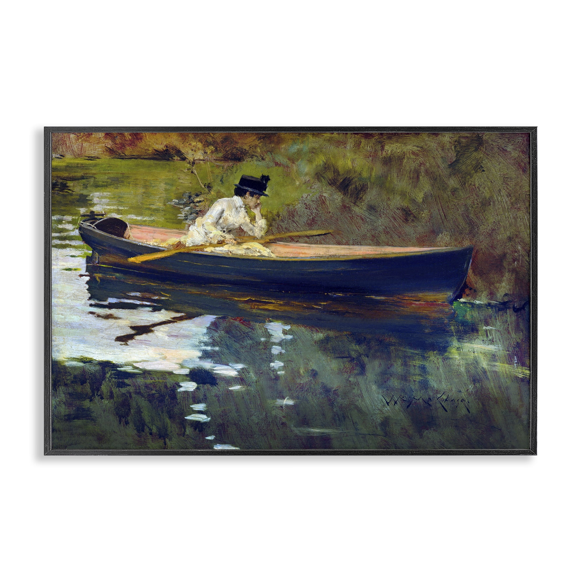 Stupell Industries Thoughtful Woman on Canoe Novelty Painting Black Framed Art Print Wall Art, 24 x 16