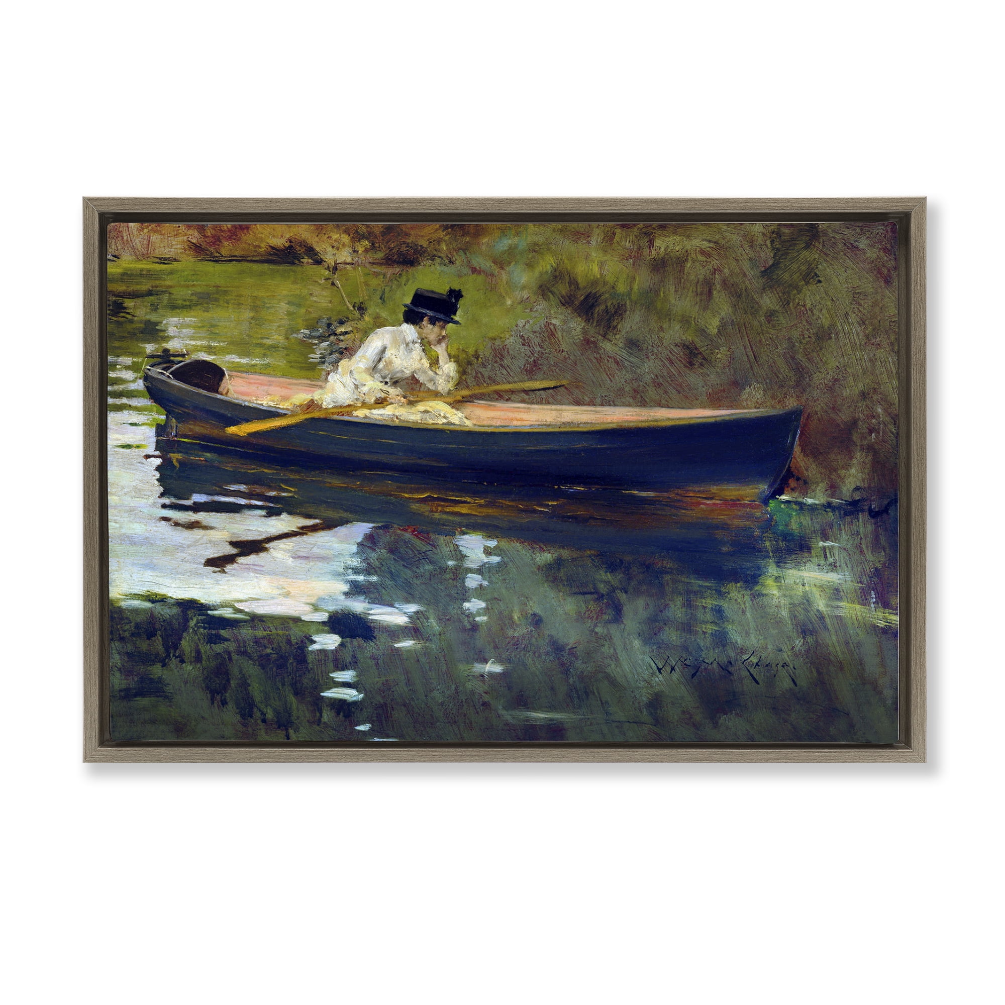 Stupell Industries Thoughtful Woman on Canoe Novelty Painting Brown Floater Framed Art Print Wall Art, 25 x 17