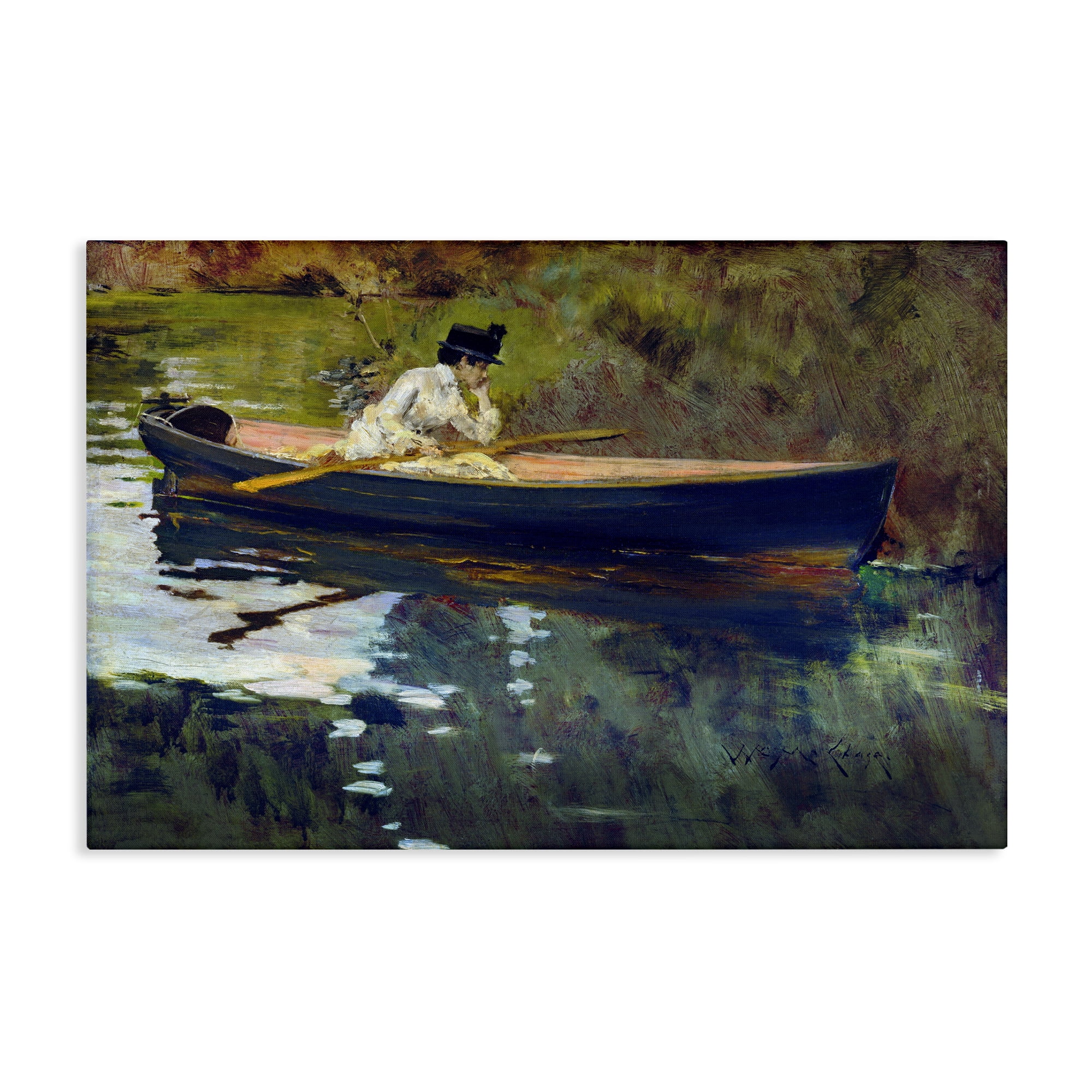 Stupell Industries Thoughtful Woman on Canoe Novelty Painting Gallery Wrapped Canvas Art Print Wall Art, 36 x 24