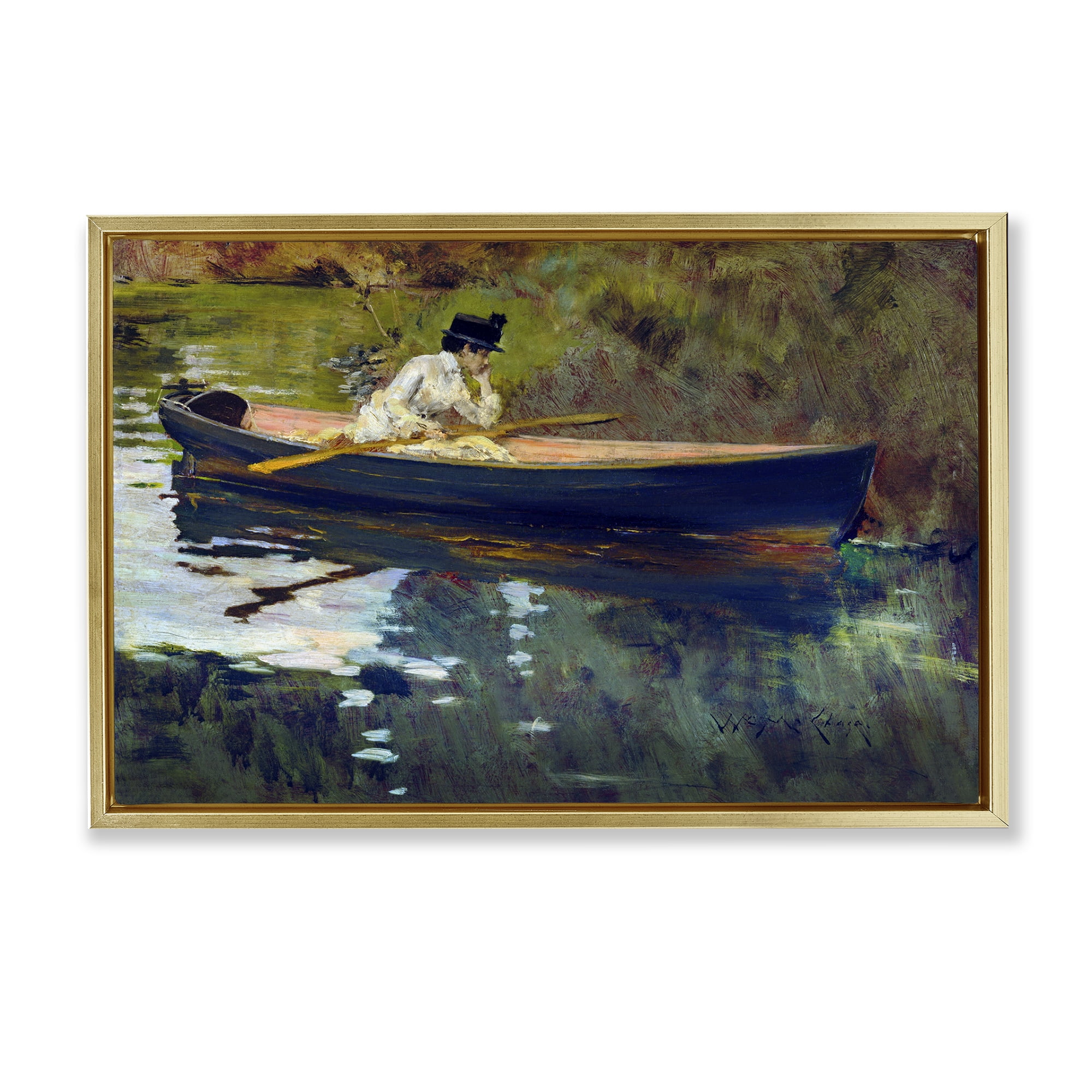 Stupell Industries Thoughtful Woman on Canoe Novelty Painting Gold Floater Framed Art Print Wall Art, 31 x 21