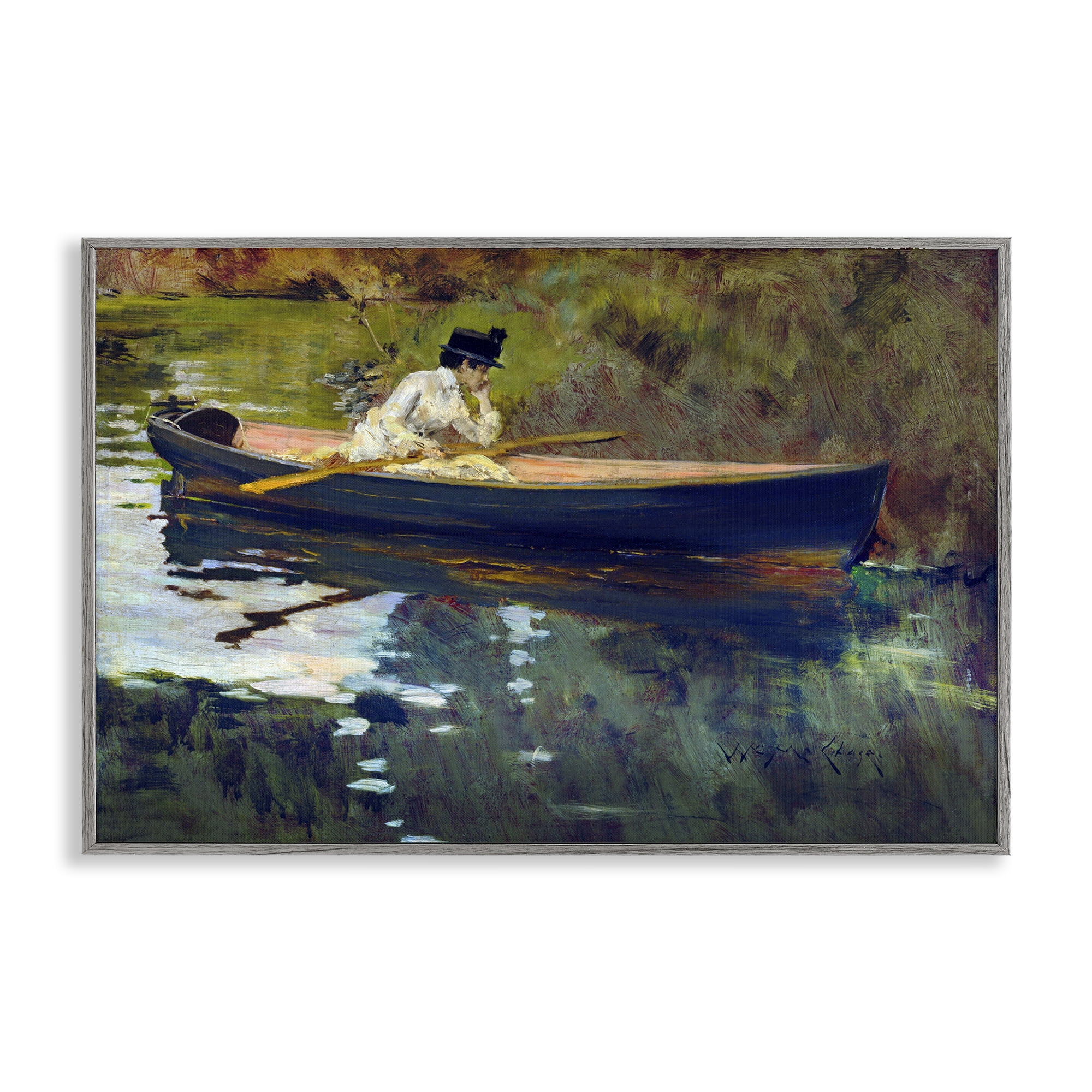 Stupell Industries Thoughtful Woman on Canoe Novelty Painting Gray Framed Art Print Wall Art, 18 x 12