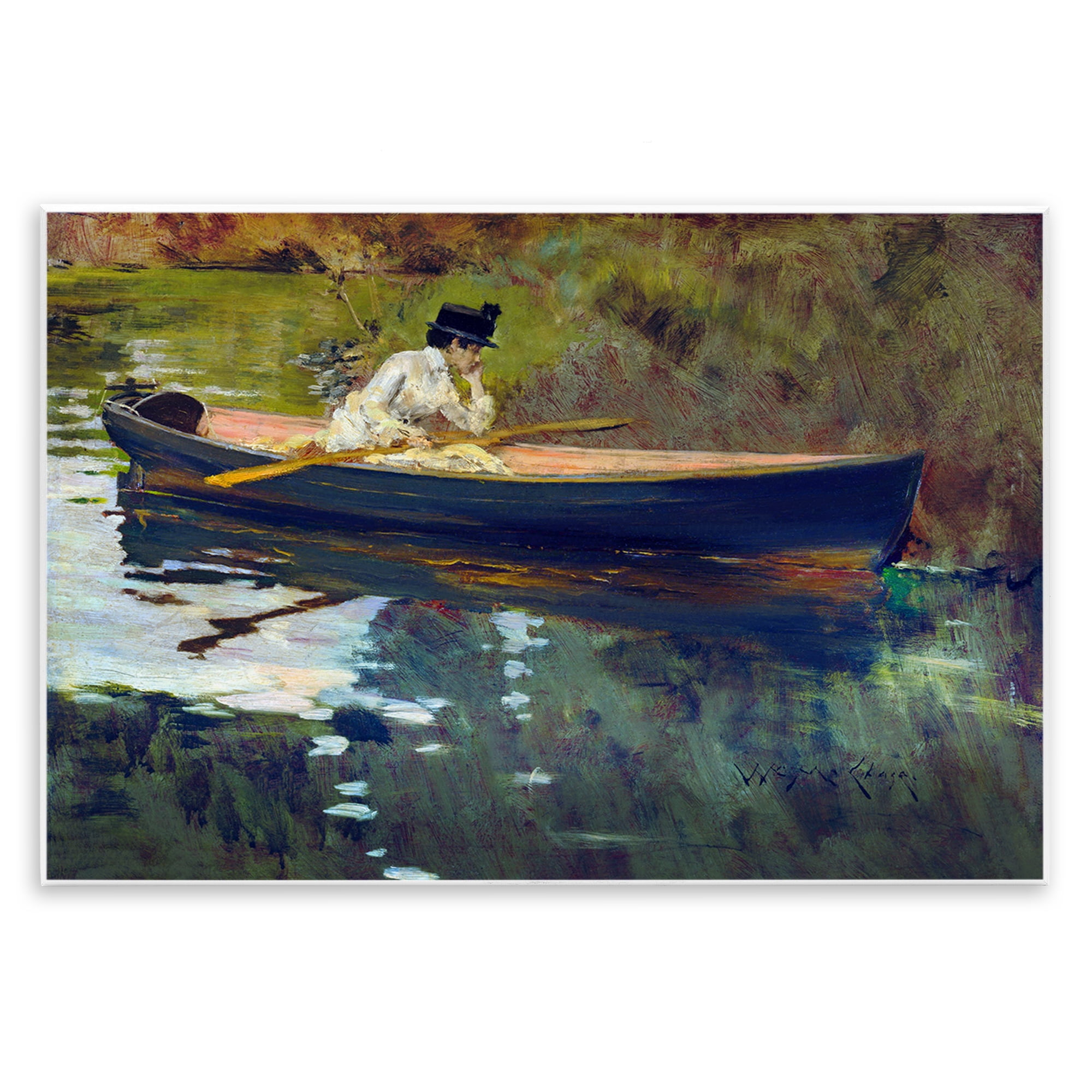 Stupell Industries Thoughtful Woman on Canoe Novelty Painting Unframed Art Print Wall Art, 15 x 10