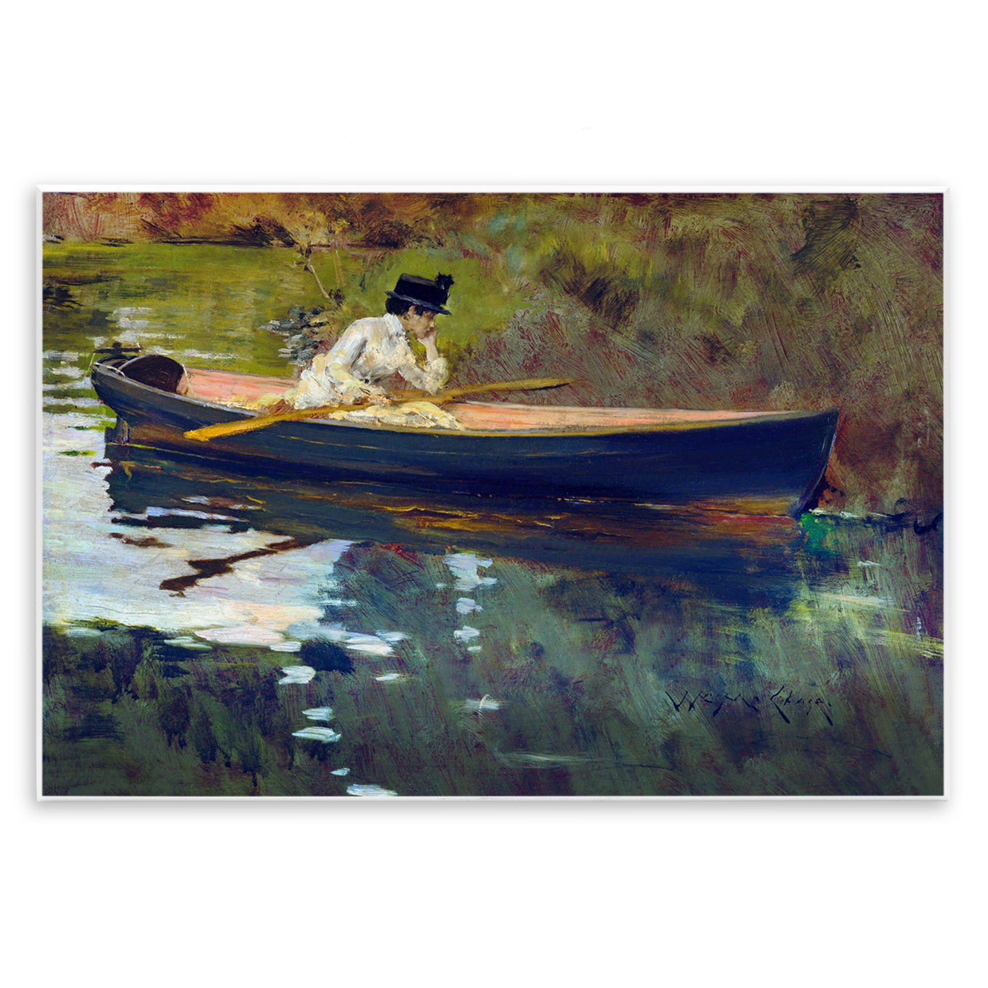 Thoughtful Woman on Canoe Painting Unframed Art Print
