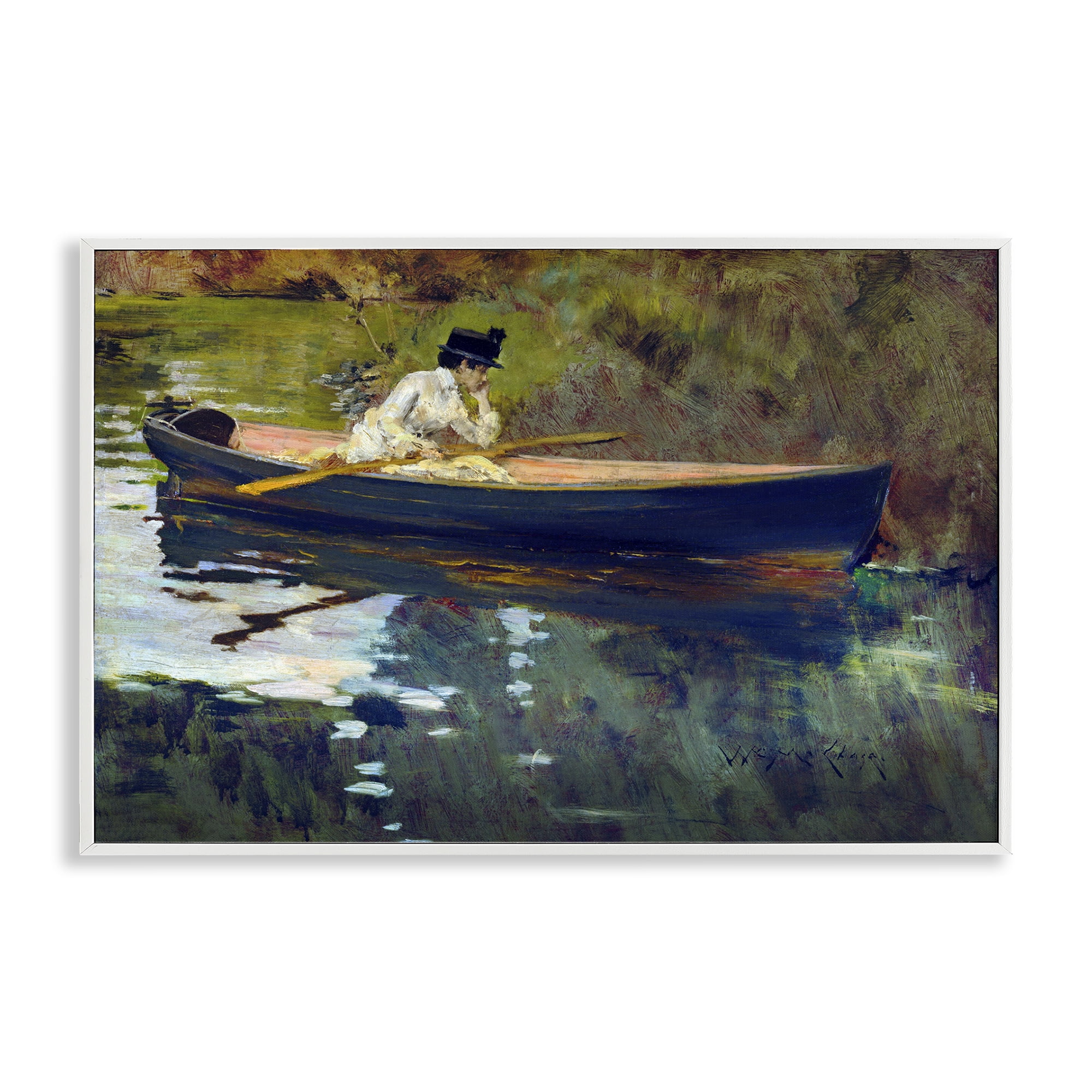 Stupell Industries Thoughtful Woman on Canoe Novelty Painting White Framed Art Print Wall Art, 30 x 20