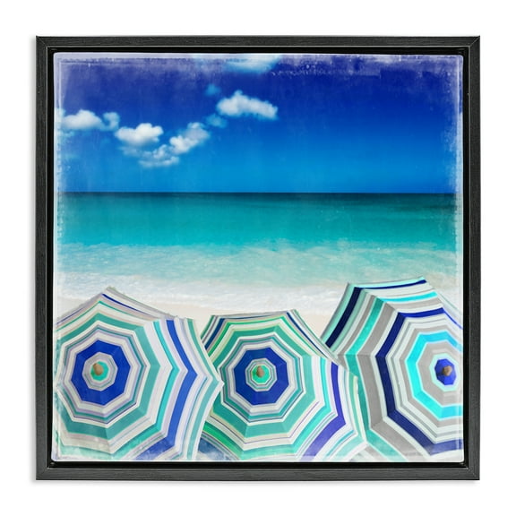 Stupell Industries Three Beach Umbrellas View Nautical & Beach Painting Black Floater Framed Canvas Art Print Wall Art, 18 x 18