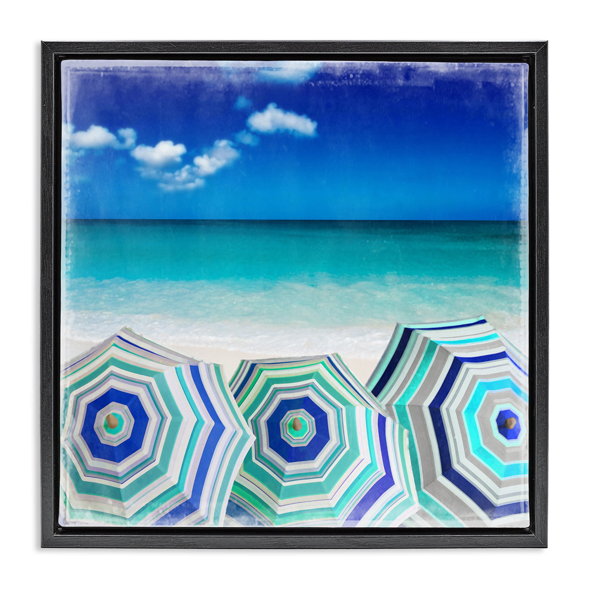 Stupell Industries Three Beach Umbrellas View Nautical & Beach Painting Black Floater Framed Canvas Art Print Wall Art, 25 x 25