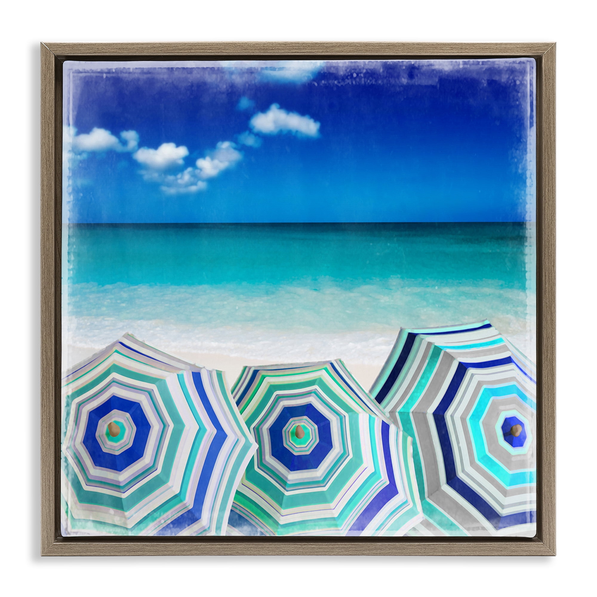 Stupell Industries Three Beach Umbrellas View Nautical & Beach Painting Brown Floater Framed Canvas Art Print Wall Art, 18 x 18
