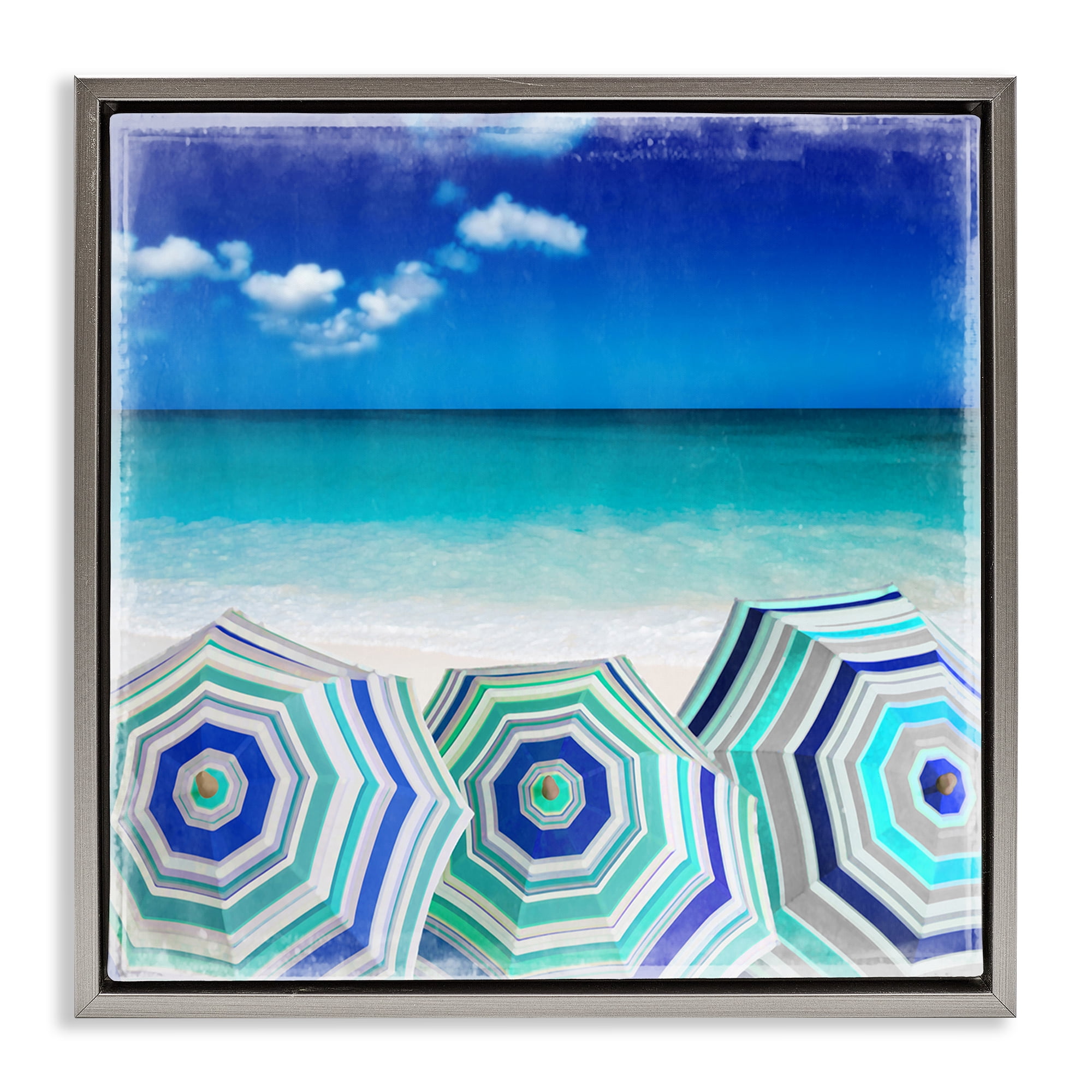Stupell Industries Three Beach Umbrellas View Nautical & Beach Painting Gray Floater Framed Canvas Art Print Wall Art, 25 x 25