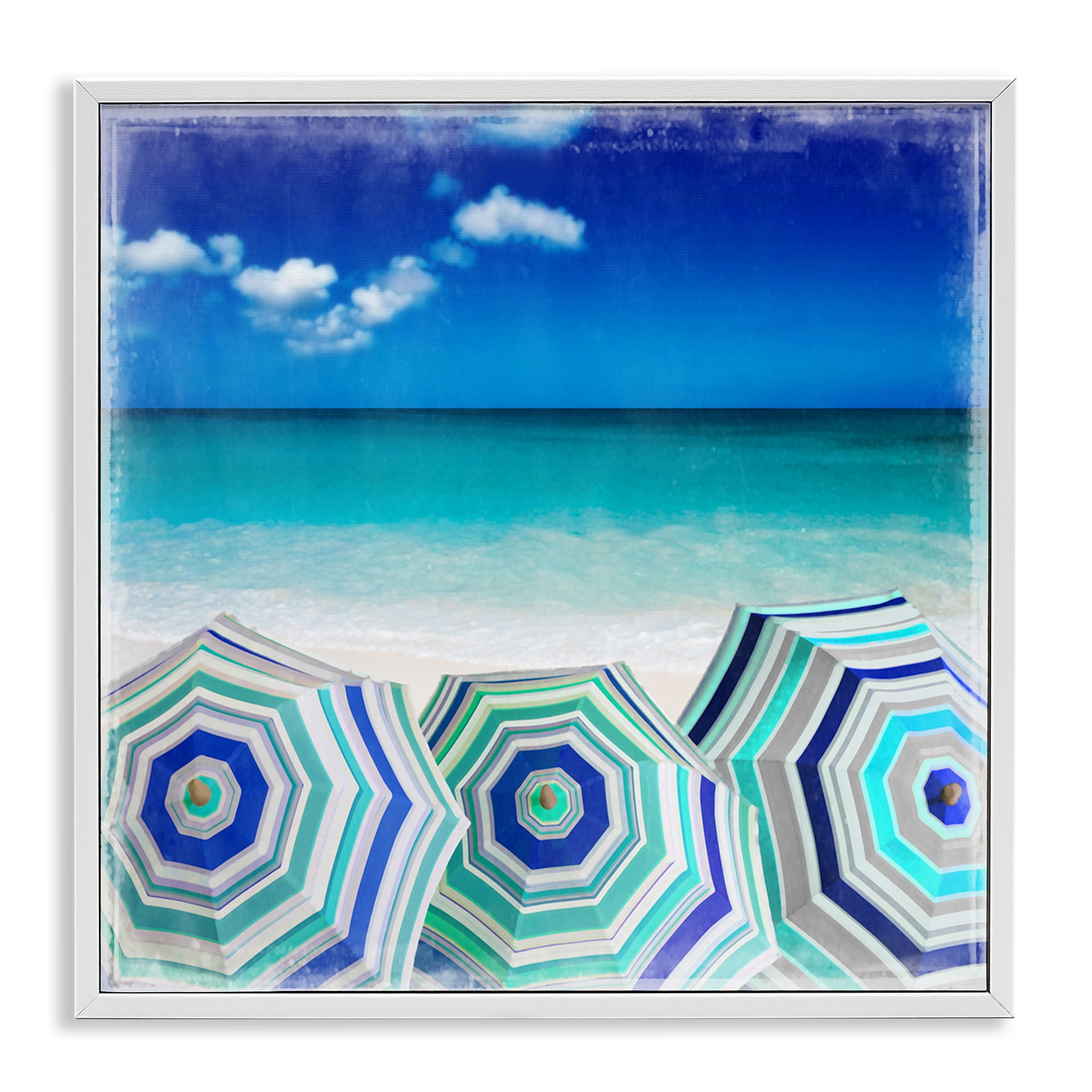 Stupell Industries Three Beach Umbrellas View Nautical & Beach Painting White Framed Art Print Wall Art, 12 x 12