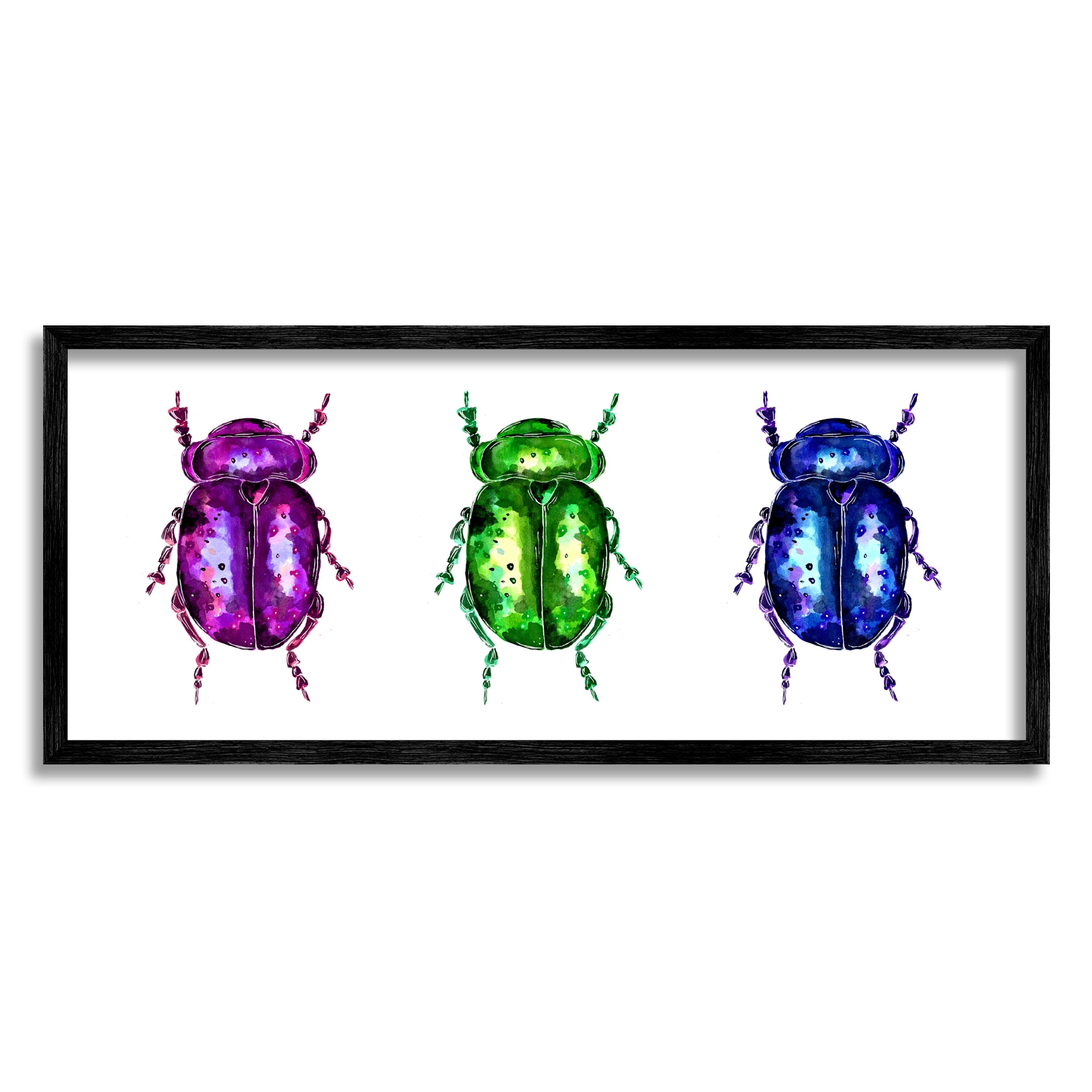 Stupell Industries Three Beetle Bugs Animals & Insects Painting Black Framed Art Print Wall Art, 24 x 10