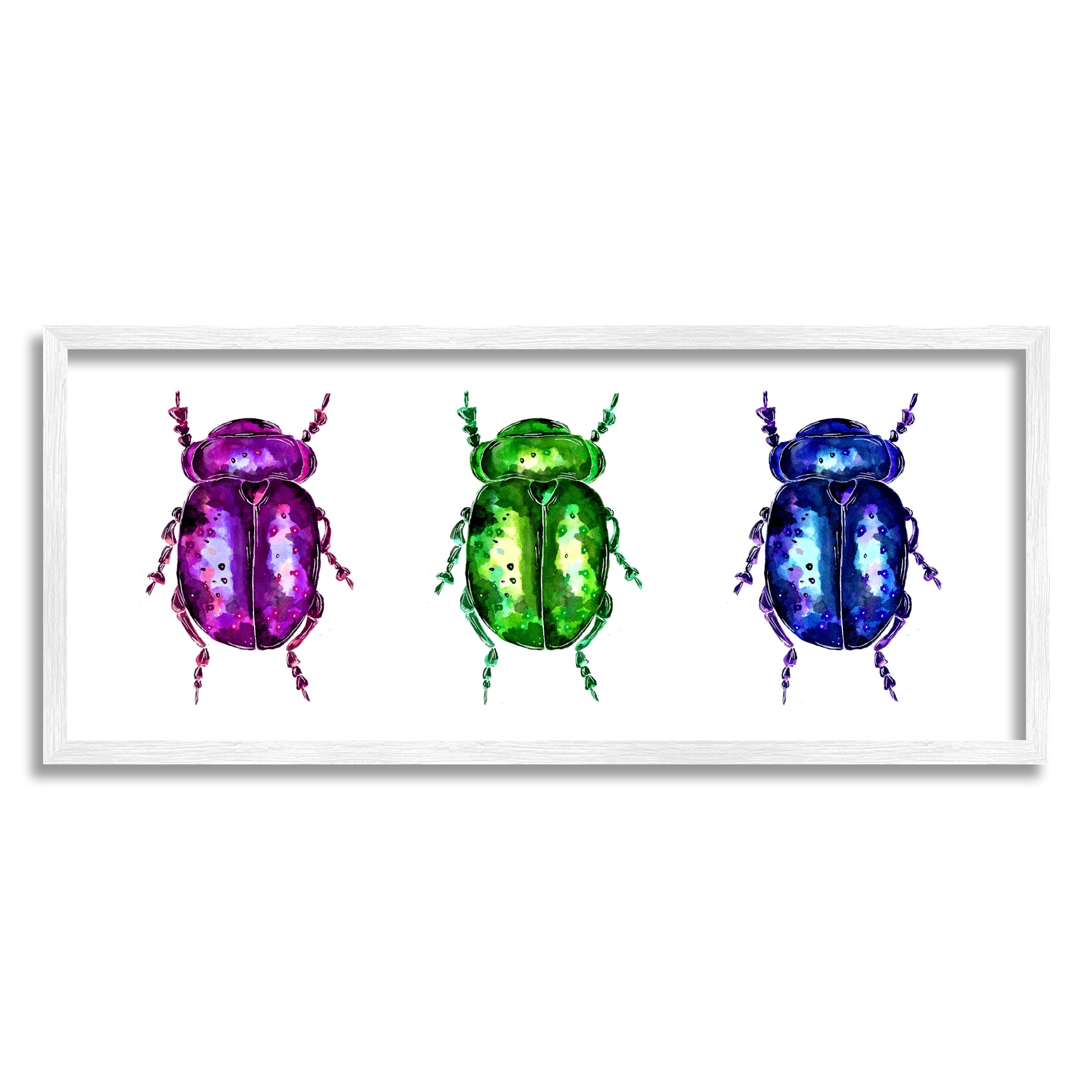 Stupell Industries Three Beetle Bugs Animals & Insects Painting White Framed Art Print Wall Art, 24 x 10